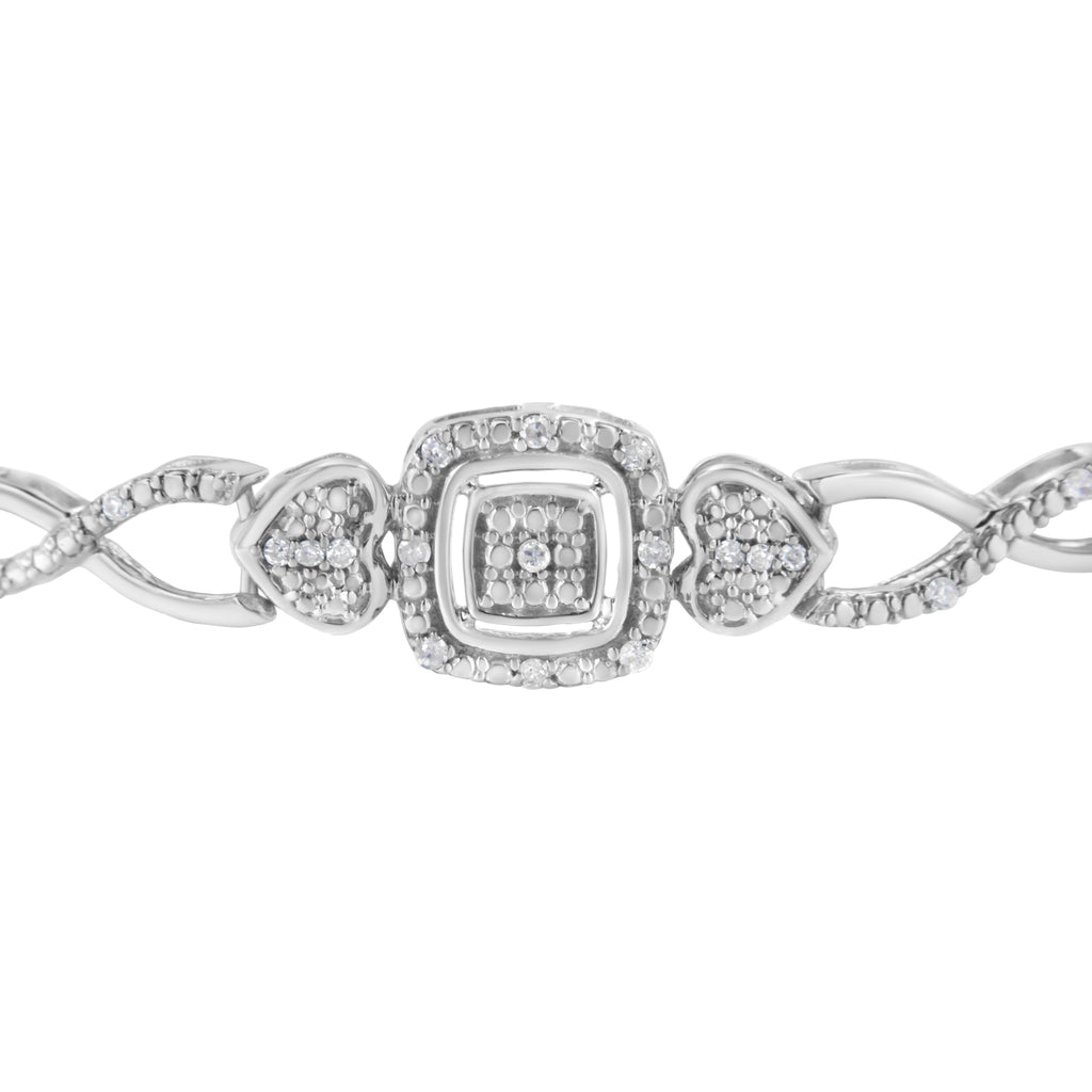 .925 Sterling Silver Diamond Cushion Frame Heart-Sides Twist 4"-10" Adjustable Bolo Tennis Bolo Bracelet (I-J Color, I3 Clarity)