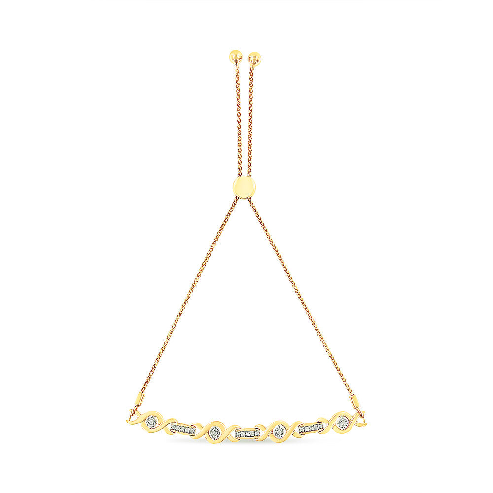 14K Yellow Gold Plated .925 Sterling Silver Channel Set Diamond Accent Twist 4"-10" Adjustable Bolo Bracelet (I-J Color, I3 Clarity)