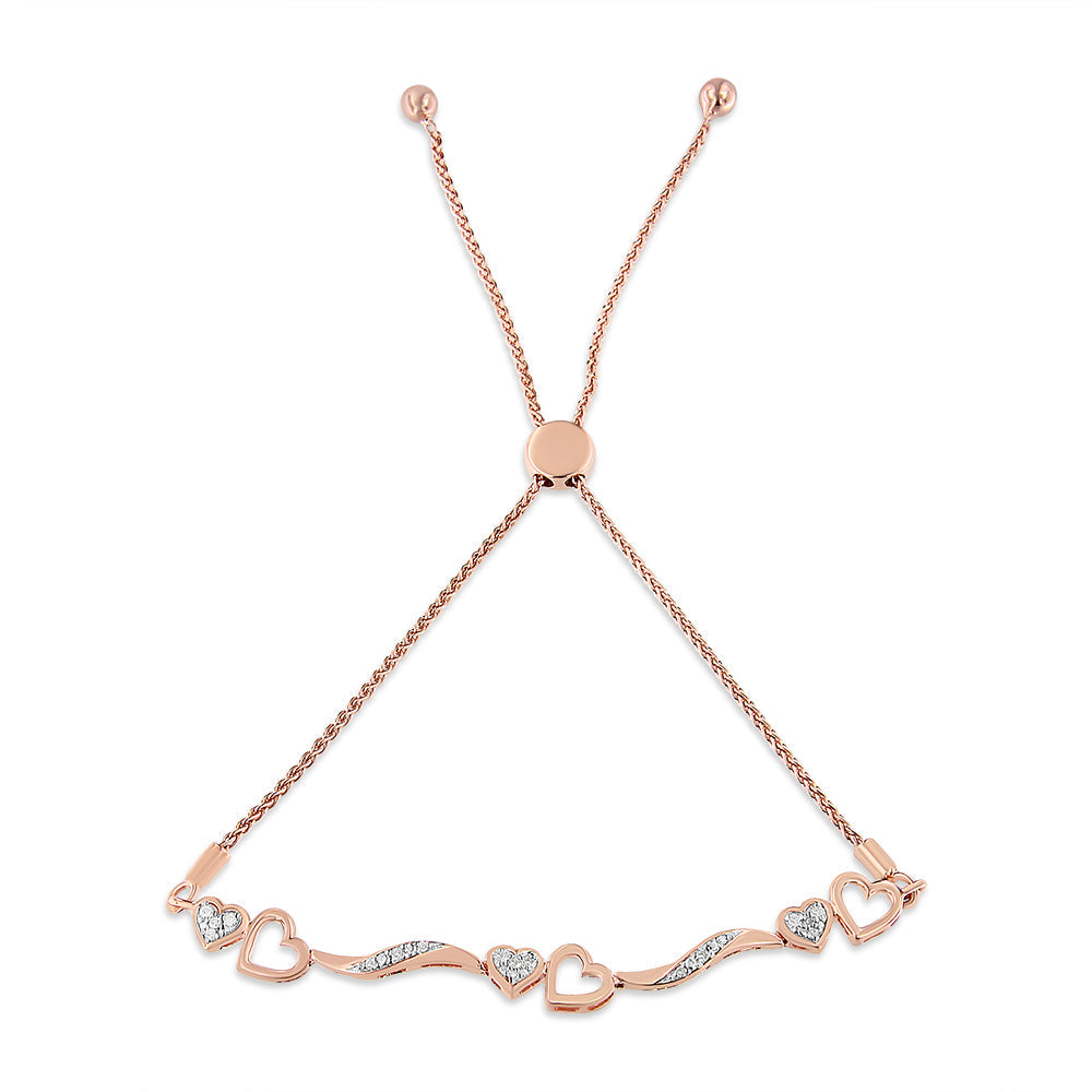 14K Rose Gold Plated .925 Sterling Silver 1/10 Cttw Diamond Wave and Hearts 4"-10" Adjustable Bolo Bracelet (I-J Color, I3 Clarity)