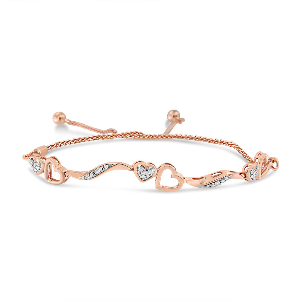 14K Rose Gold Plated .925 Sterling Silver 1/10 Cttw Diamond Wave and Hearts 4"-10" Adjustable Bolo Bracelet (I-J Color, I3 Clarity)
