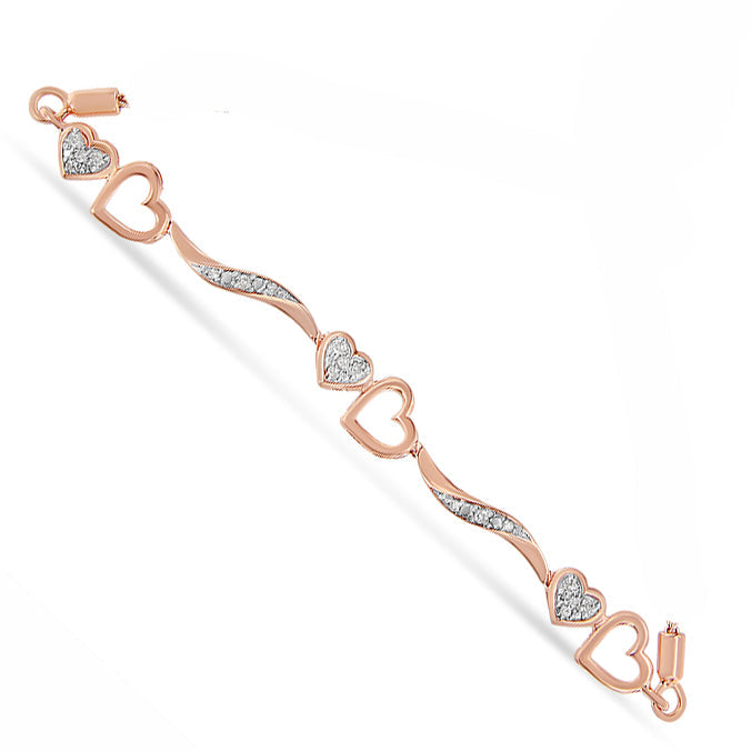 14K Rose Gold Plated .925 Sterling Silver 1/10 Cttw Diamond Wave and Hearts 4"-10" Adjustable Bolo Bracelet (I-J Color, I3 Clarity)