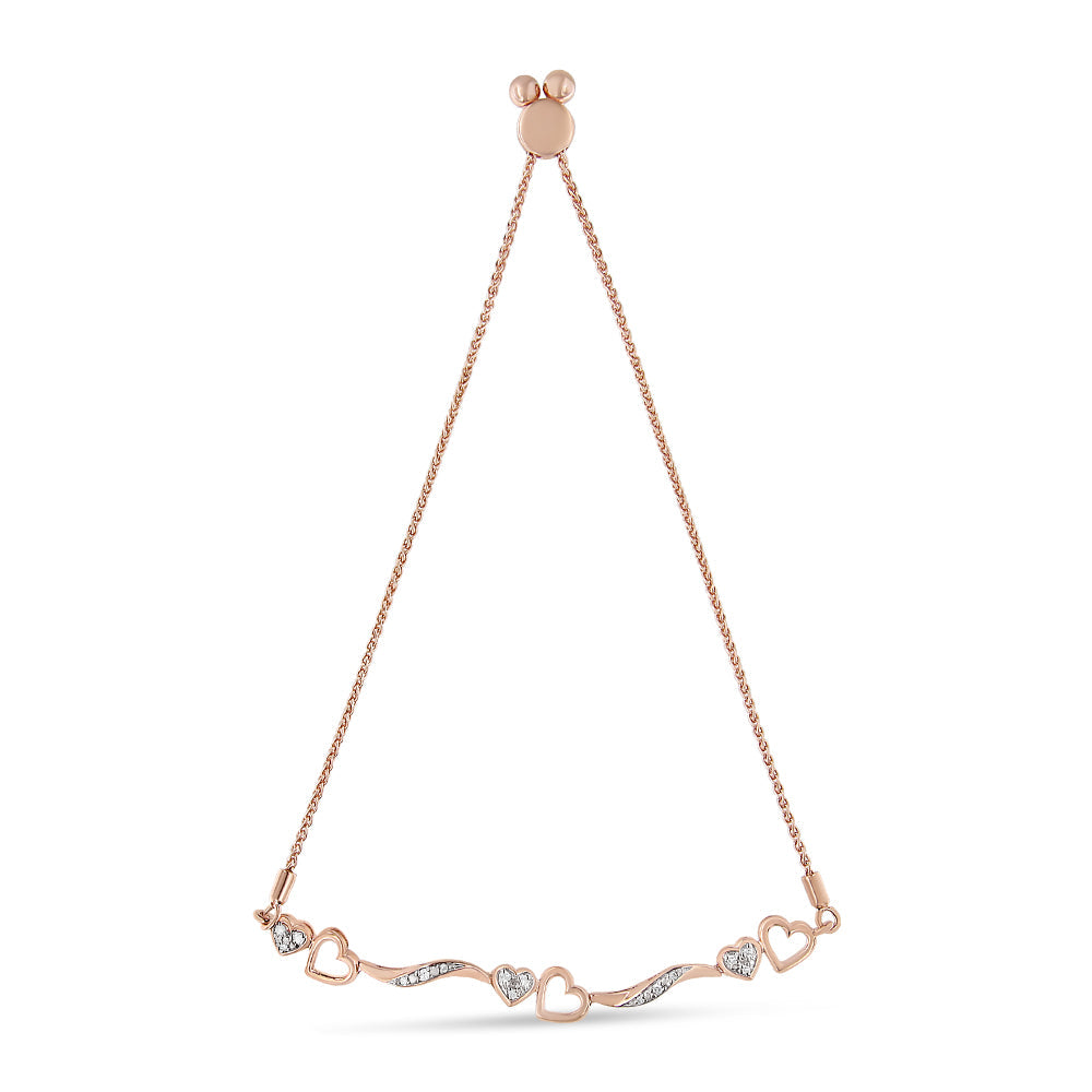 14K Rose Gold Plated .925 Sterling Silver 1/10 Cttw Diamond Wave and Hearts 4"-10" Adjustable Bolo Bracelet (I-J Color, I3 Clarity)