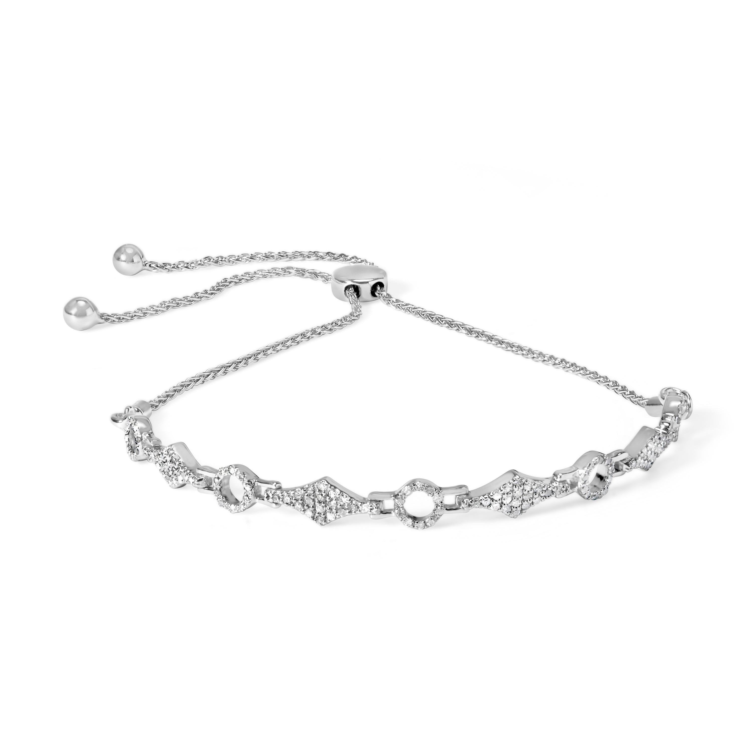 .925 Sterling Silver 1/2 Carat Total Weight Diamond Alternating Circle and Kite Link Adjustable Bolo Bracelet (I-J Color, I3 Clarity) - 4" to 10" Inches