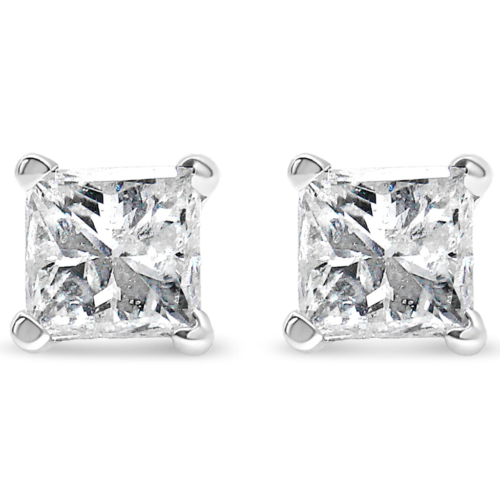 AGS Certified 2/5 Carat Total Weight Princess Cut Diamond 14K White Gold 4-Prong Solitaire Square Stud Earrings (L-M Color, I1-I2 Clarity)