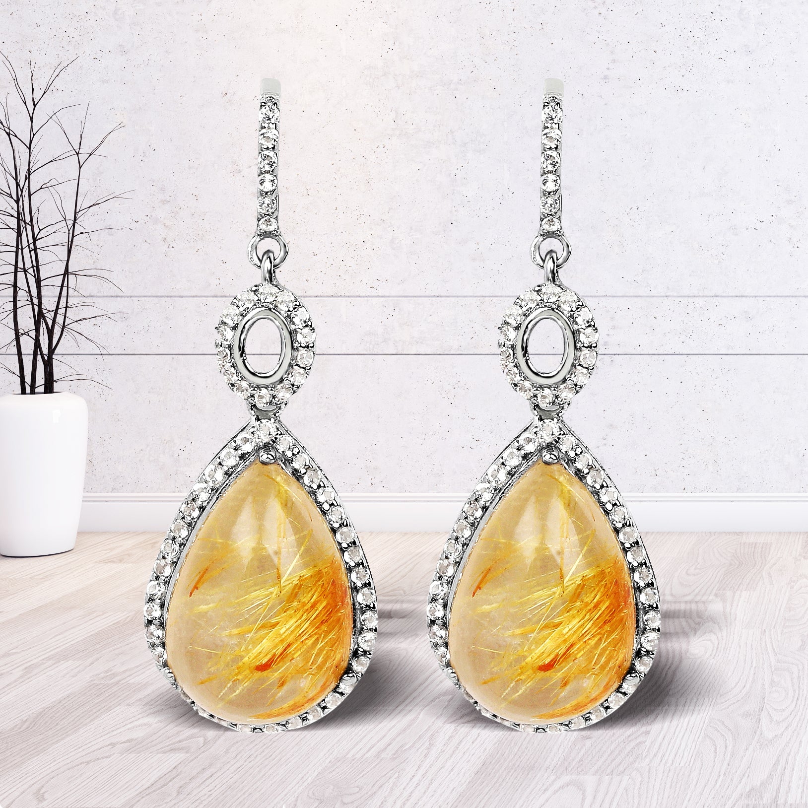 10.04 Carat Genuine Golden Rutile and White Topaz .925 Sterling Silver Earrings