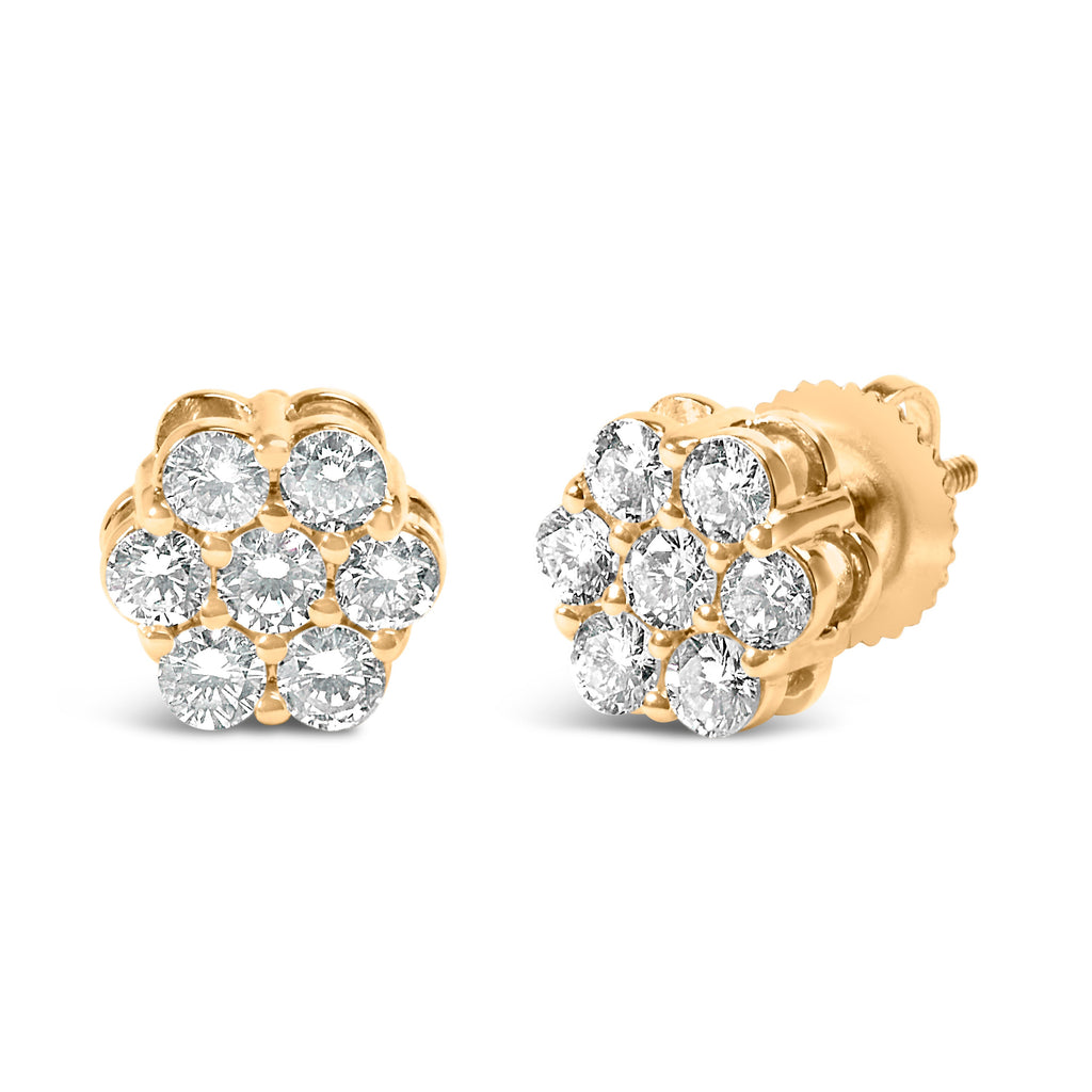 14K Yellow Gold 3/4 Carat Total Weight 7 Stone Floral Cluster Round Brilliant Cut Diamond Stud Earrings with Screw Backs (I-J Color, SI2-I1 Clarity)