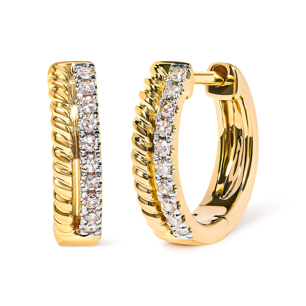 10K Yellow Gold 1/10 Cttw Diamond and Rope Twist Huggie Hoop Earrings (H-I Color, I1-I2 Clarity)