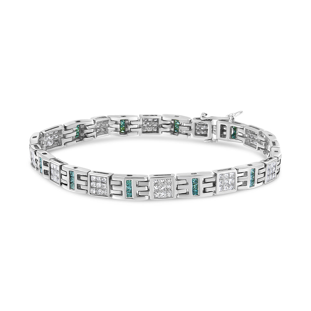 14K White Gold Princess-Cut White and Blue Diamond 3.00 cttw Fashion Link Bracelet (H-I Color, SI1-SI2 Clarity)