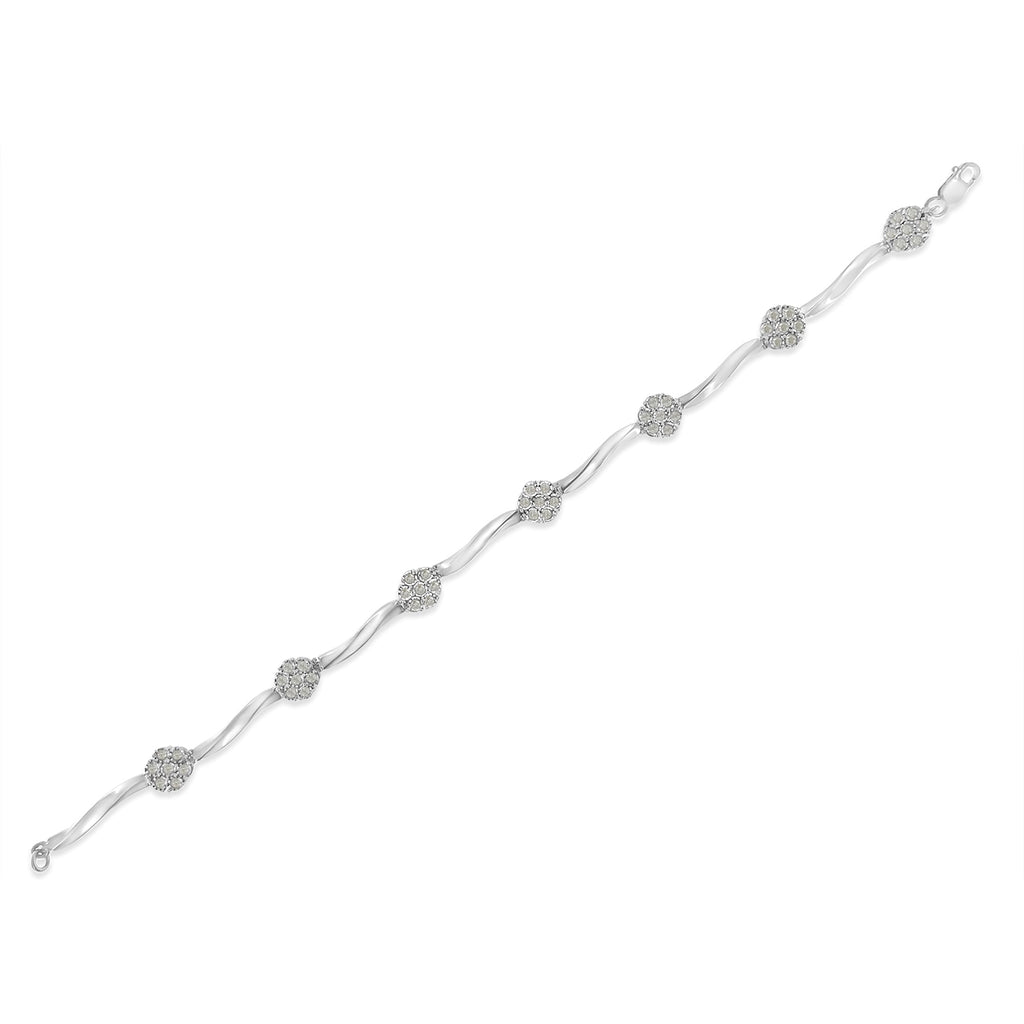 .925 Sterling Silver 1/4 Carat Total Weight Diamond Cluster Miracle-Set Station & Twisted Bar 7" Tennis Bracelet (H-I Color, I2-I3 Clarity)
