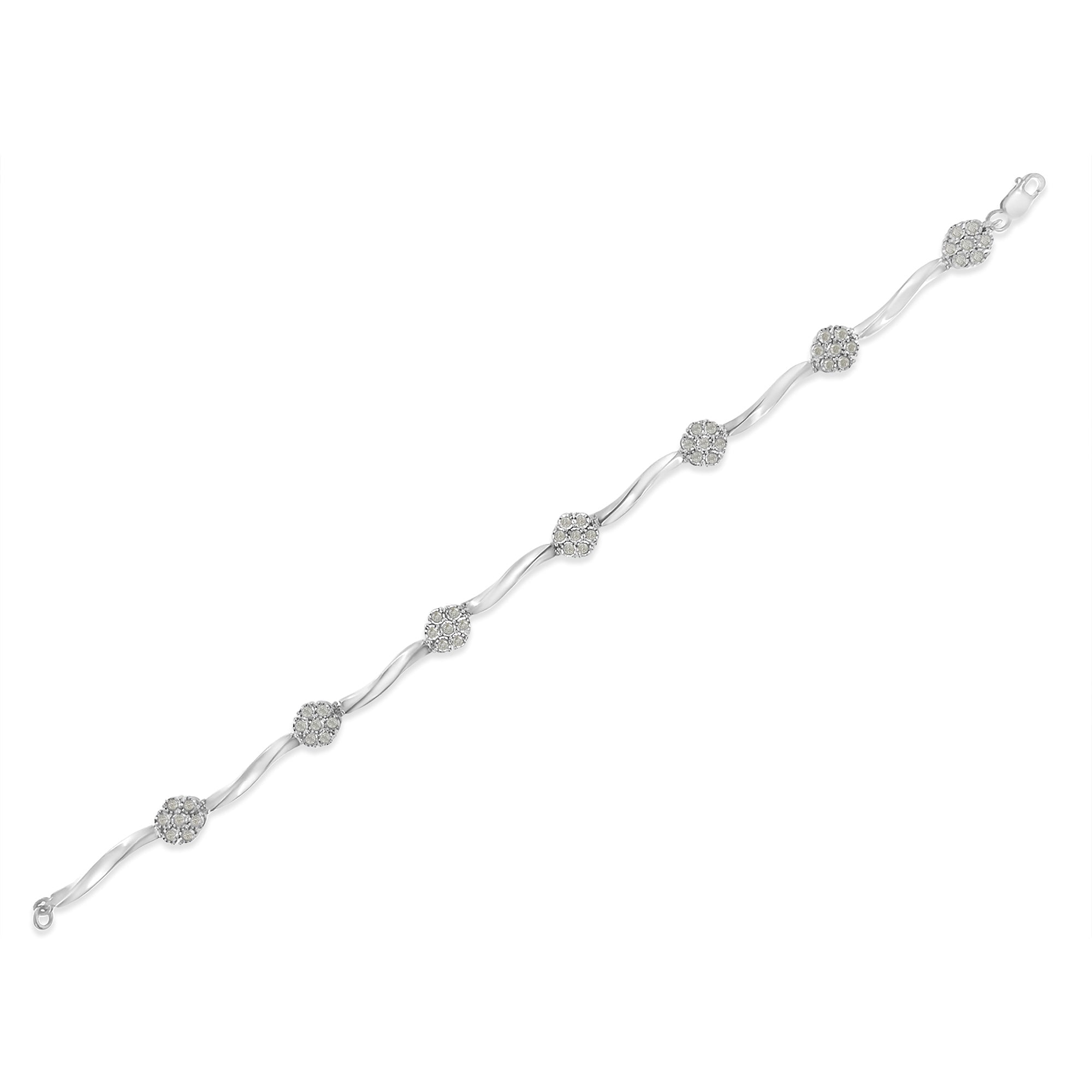 .925 Sterling Silver 1/4 Carat Total Weight Diamond Cluster Miracle-Set Station & Twisted Bar 7" Tennis Bracelet (H-I Color, I2-I3 Clarity)