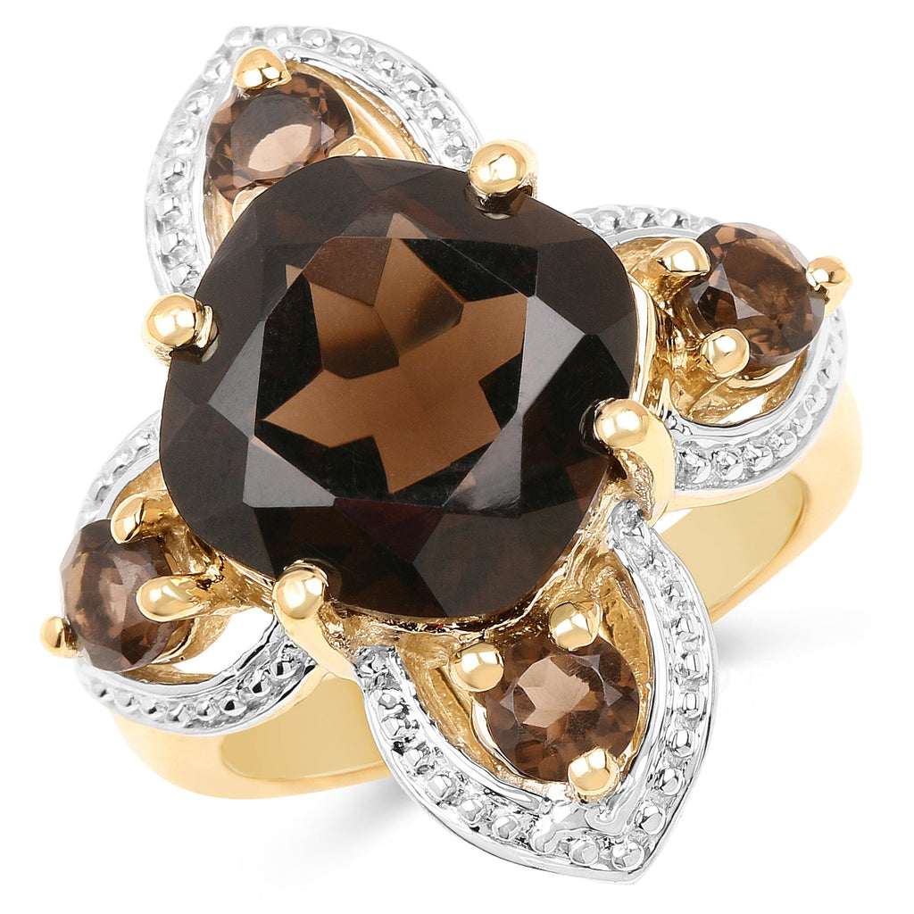 Anillo de plata de ley .925 con baño de oro amarillo de 14 quilates y cuarzo ahumado auténtico de 5,92 quilates