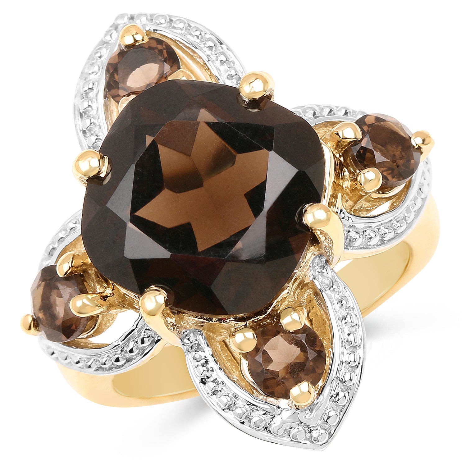 Anillo de plata de ley .925 con baño de oro amarillo de 14 quilates y cuarzo ahumado auténtico de 5,92 quilates
