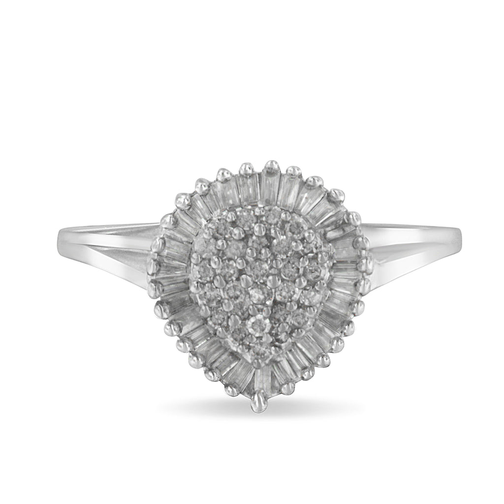 10K White Gold 1/2 Cttw Round & Baguette Cut Diamond Pear Shaped Domed Pavé Cluster with Halo Cocktail Ring (H-I Color, SI1-SI2 Clarity) - Size 5