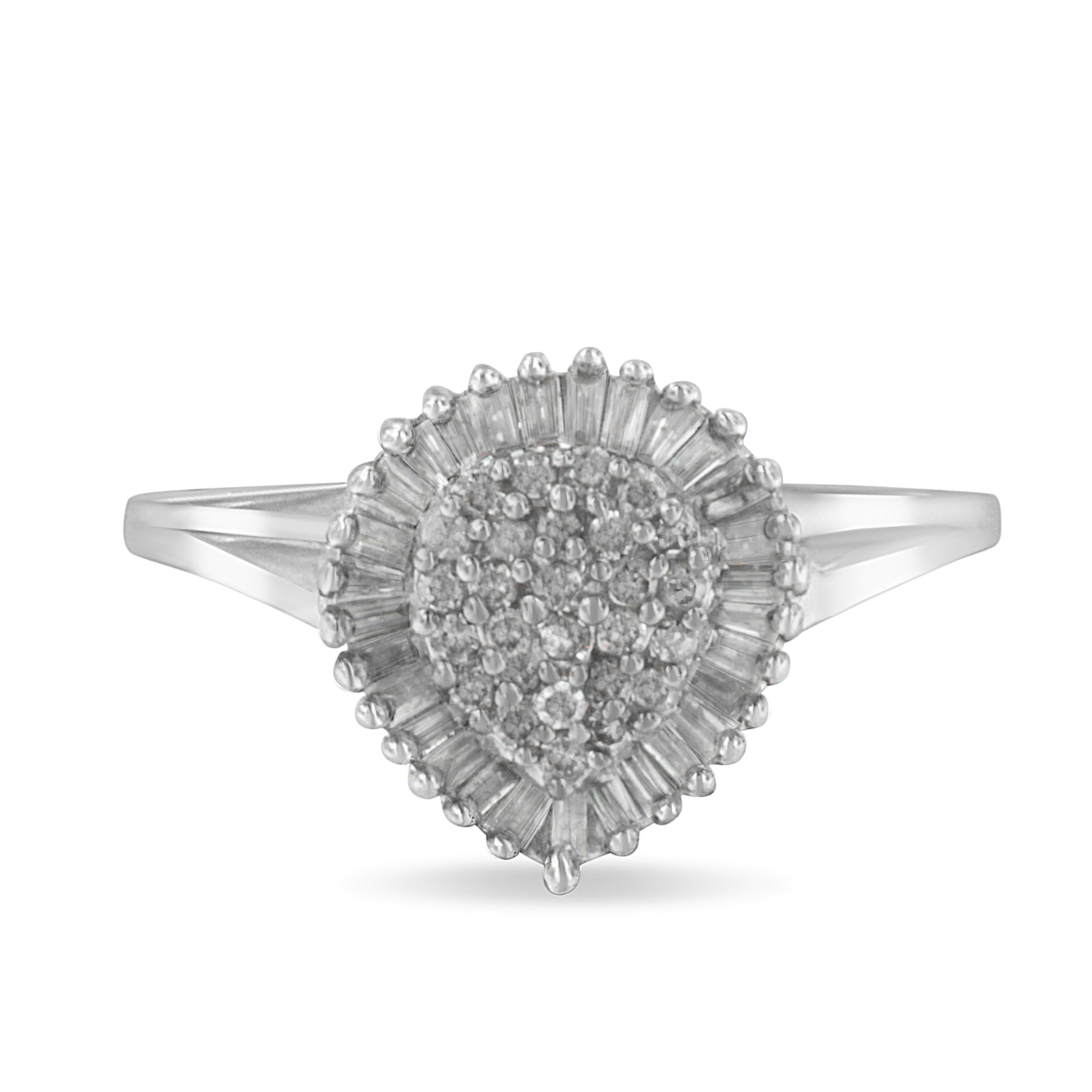 10K White Gold 1/2 Cttw Round & Baguette Cut Diamond Pear Shaped Domed Pavé Cluster with Halo Cocktail Ring (H-I Color, SI1-SI2 Clarity) - Size 5