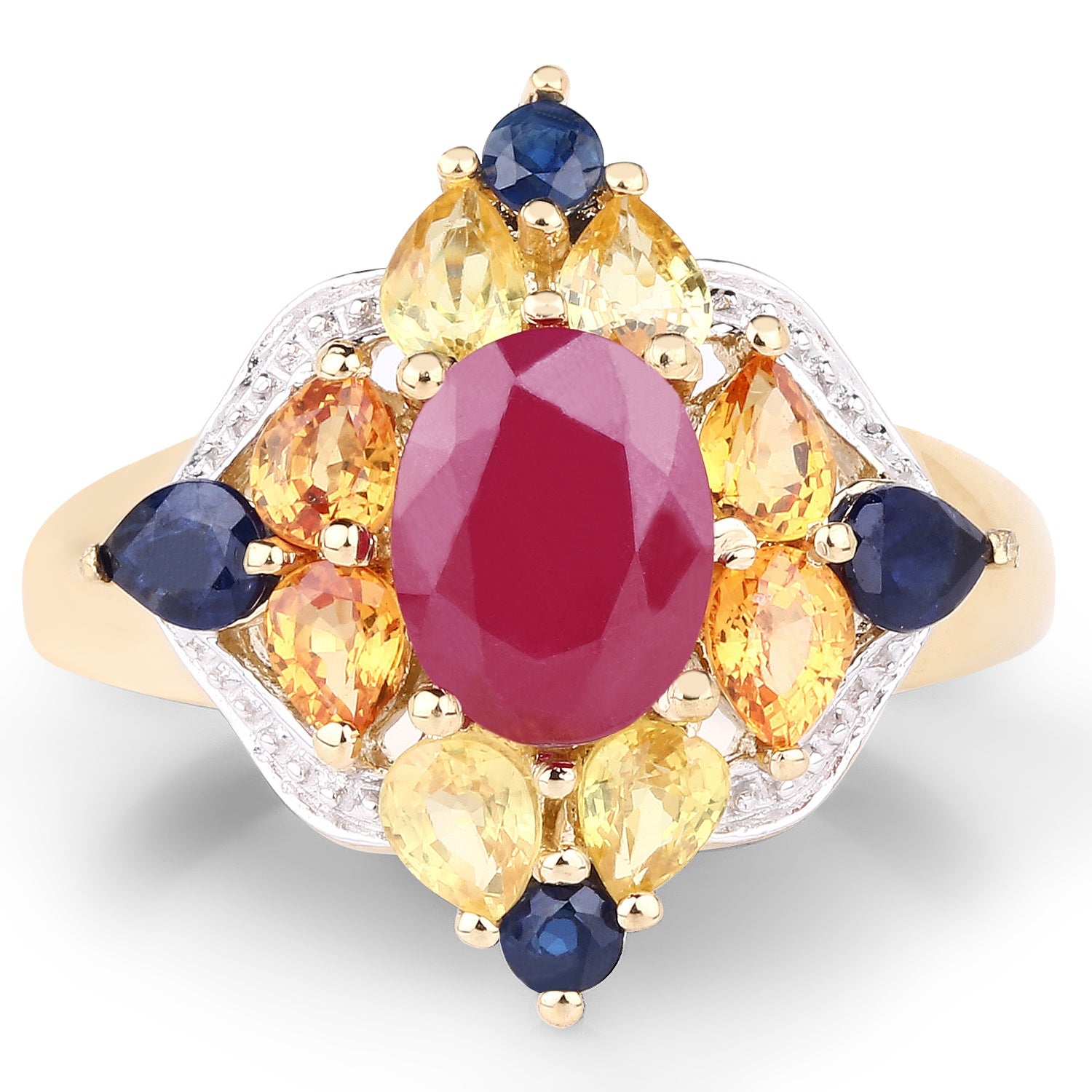 Anillo de plata esterlina .925 con baño de oro amarillo de 14 quilates, con varias piedras genuinas de 3,76 quilates