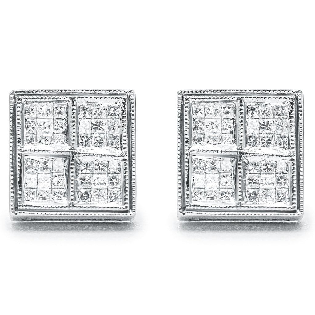 14K White Gold 1/2 Carat Total Weight Princess Diamond Composite Box Shape Milgrain Stud Earrings (H-I Color, SI1-SI2 Clarity)