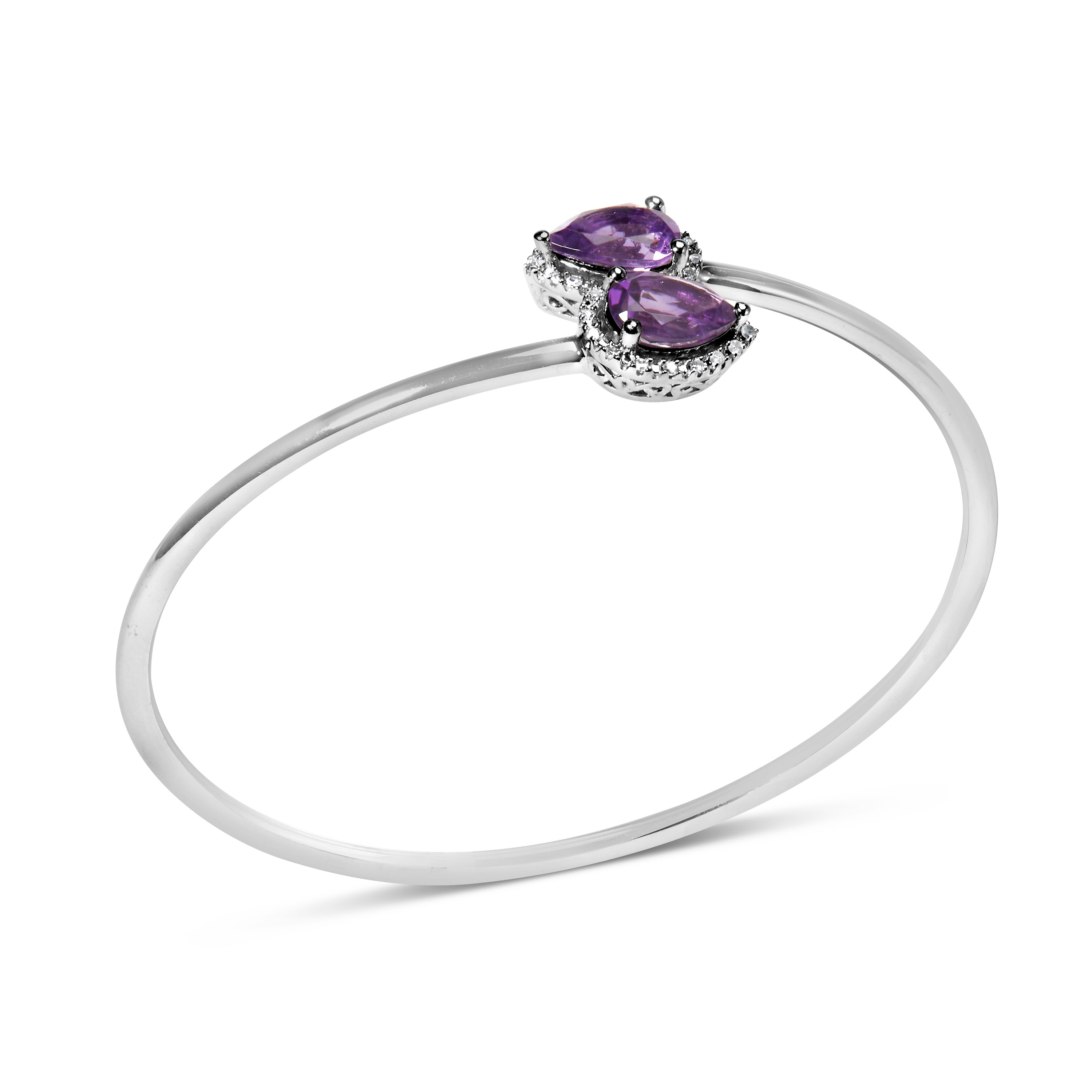 .925 Sterling Silver 8 x 5.5mm Pear Shape Amethyst and Diamond Accent Halo Bypass Bangle Bracelet (H-I Color, SI1-SI2 Clarity) - Fits up to 7" Inches