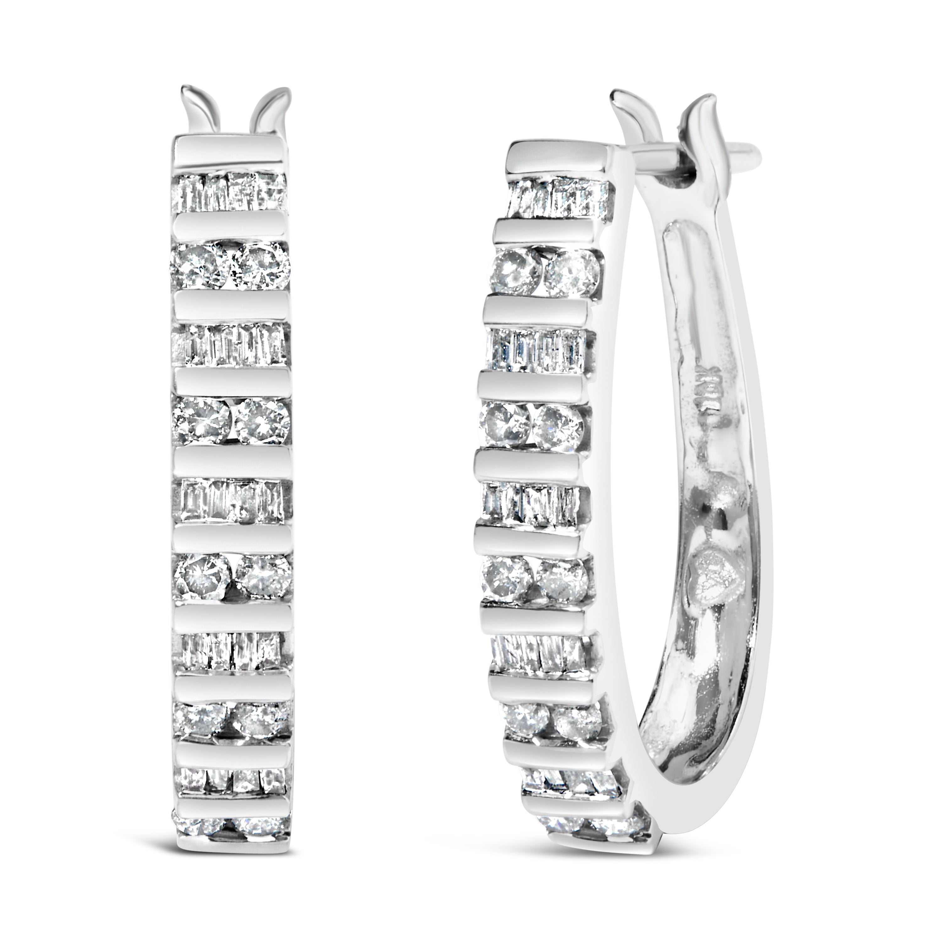 10K White Gold 1.0 Cttw Alternating Diamond "U" Hoop Earrings (I-J Color, I2-I3 Clarity)