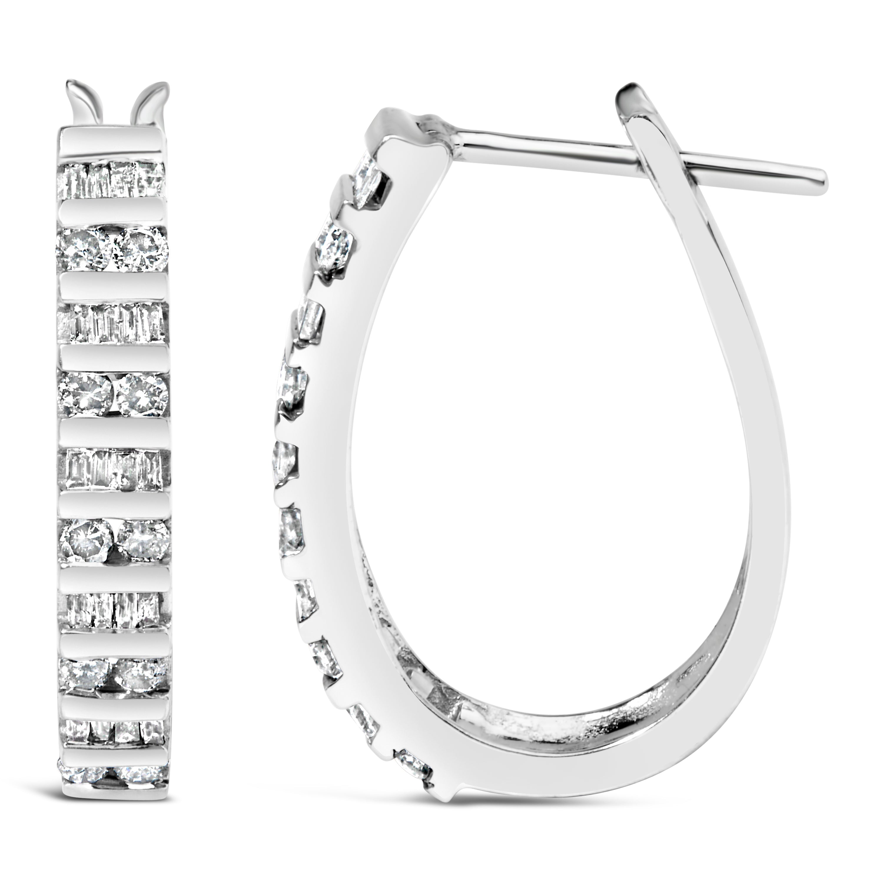10K White Gold 1.0 Cttw Alternating Diamond "U" Hoop Earrings (I-J Color, I2-I3 Clarity)