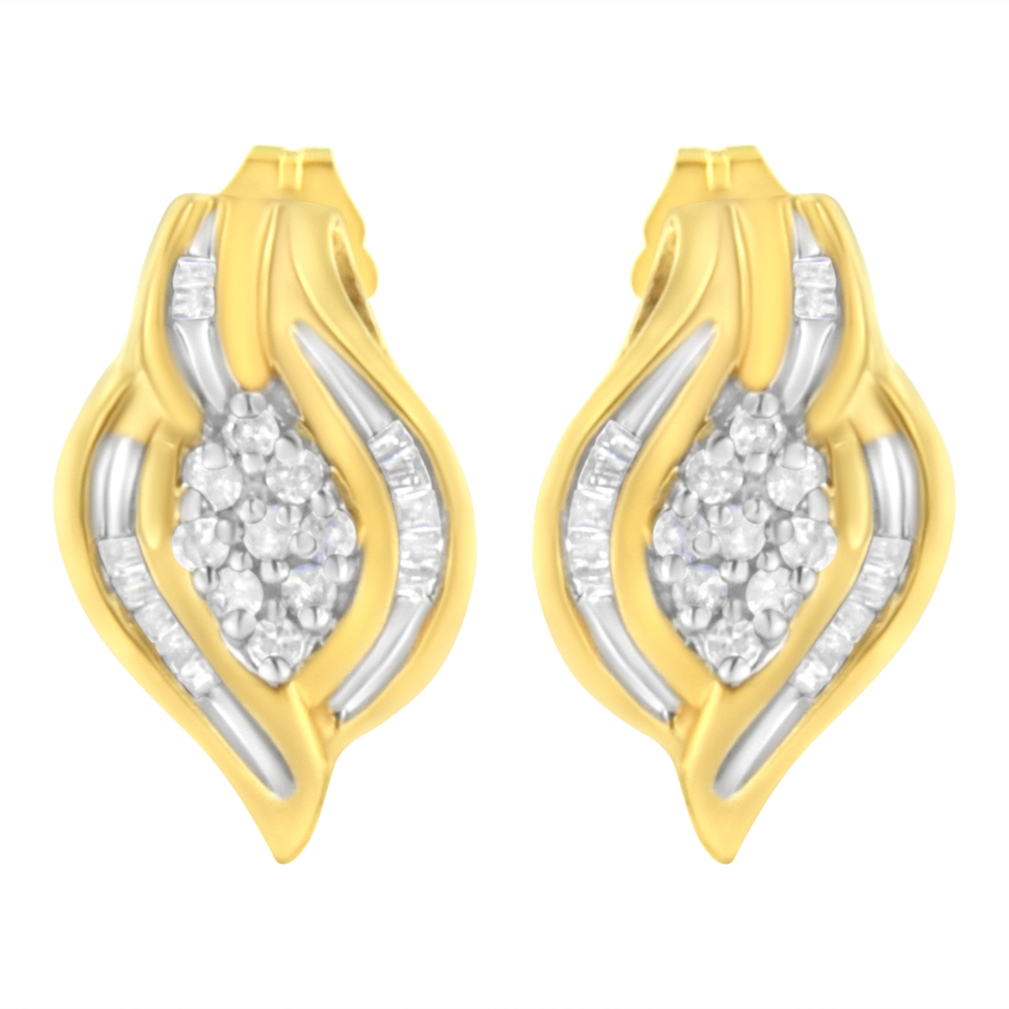 10K Yellow Gold 1/3 cttw Round-Cut Diamond Cluster and Swirl Stud Earrings (J-K Clarity, I2-I3 Color)