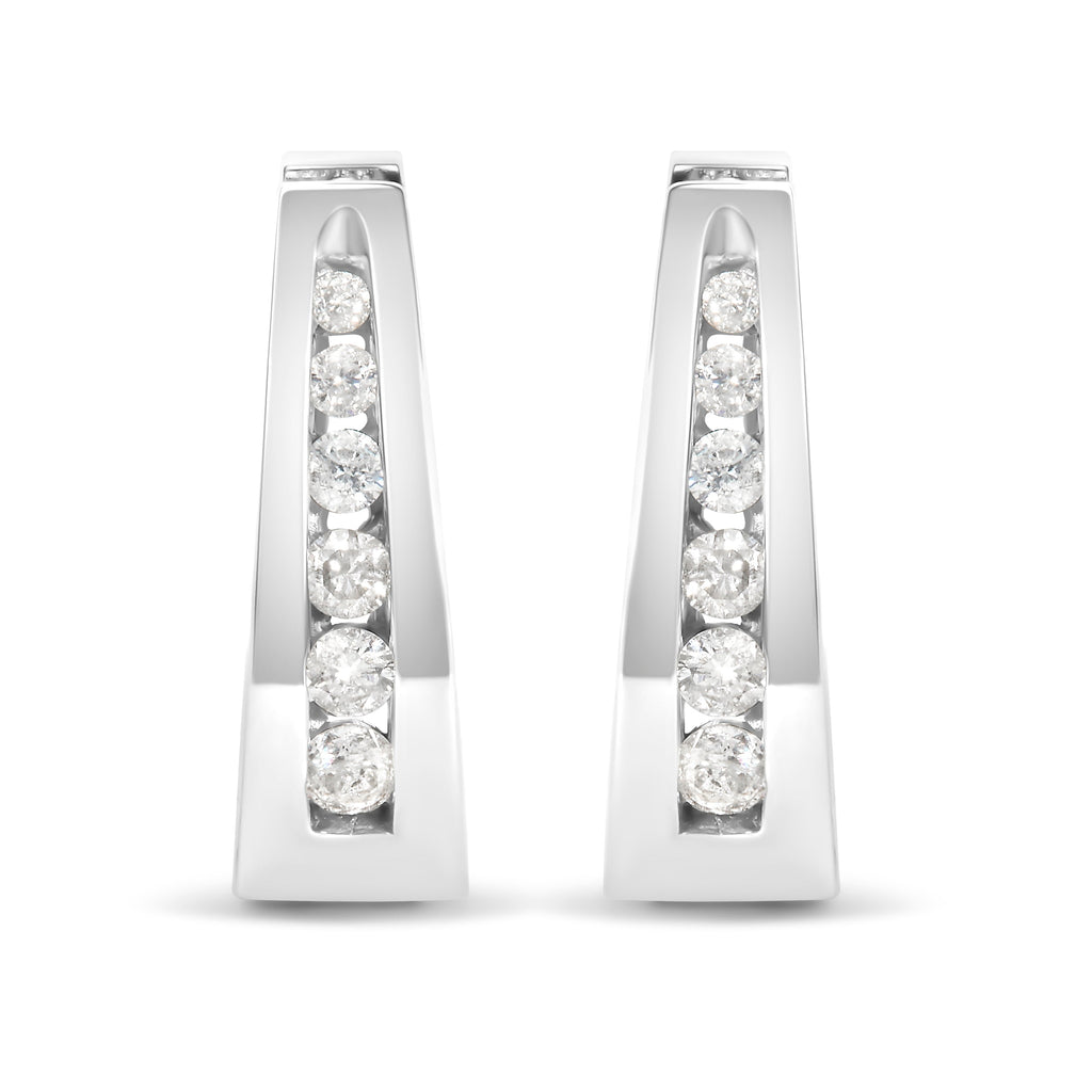 14k White Gold 1/4 Carat Total Weight Channel-Set Brilliant Round-Cut Diamond Hoop Earrings (I-J Color, I2-I3 Clarity)