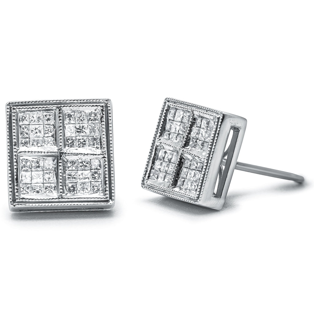14K White Gold 1/2 Carat Total Weight Princess Diamond Composite Box Shape Milgrain Stud Earrings (H-I Color, SI1-SI2 Clarity)