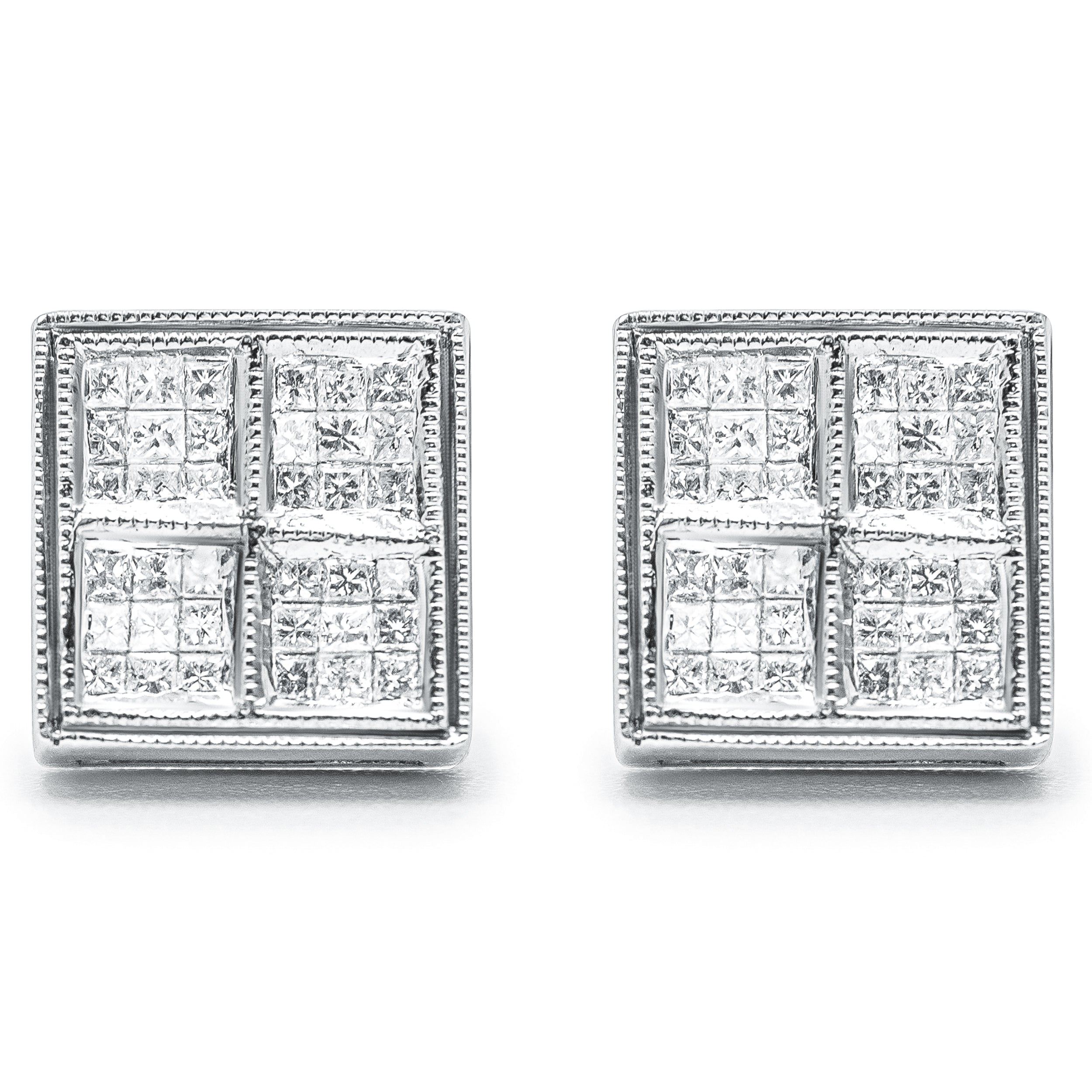 14K White Gold 1/2 Carat Total Weight Princess Diamond Composite Box Shape Milgrain Stud Earrings (H-I Color, SI1-SI2 Clarity)