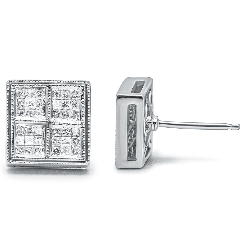 14K White Gold 1/2 Carat Total Weight Princess Diamond Composite Box Shape Milgrain Stud Earrings (H-I Color, SI1-SI2 Clarity)
