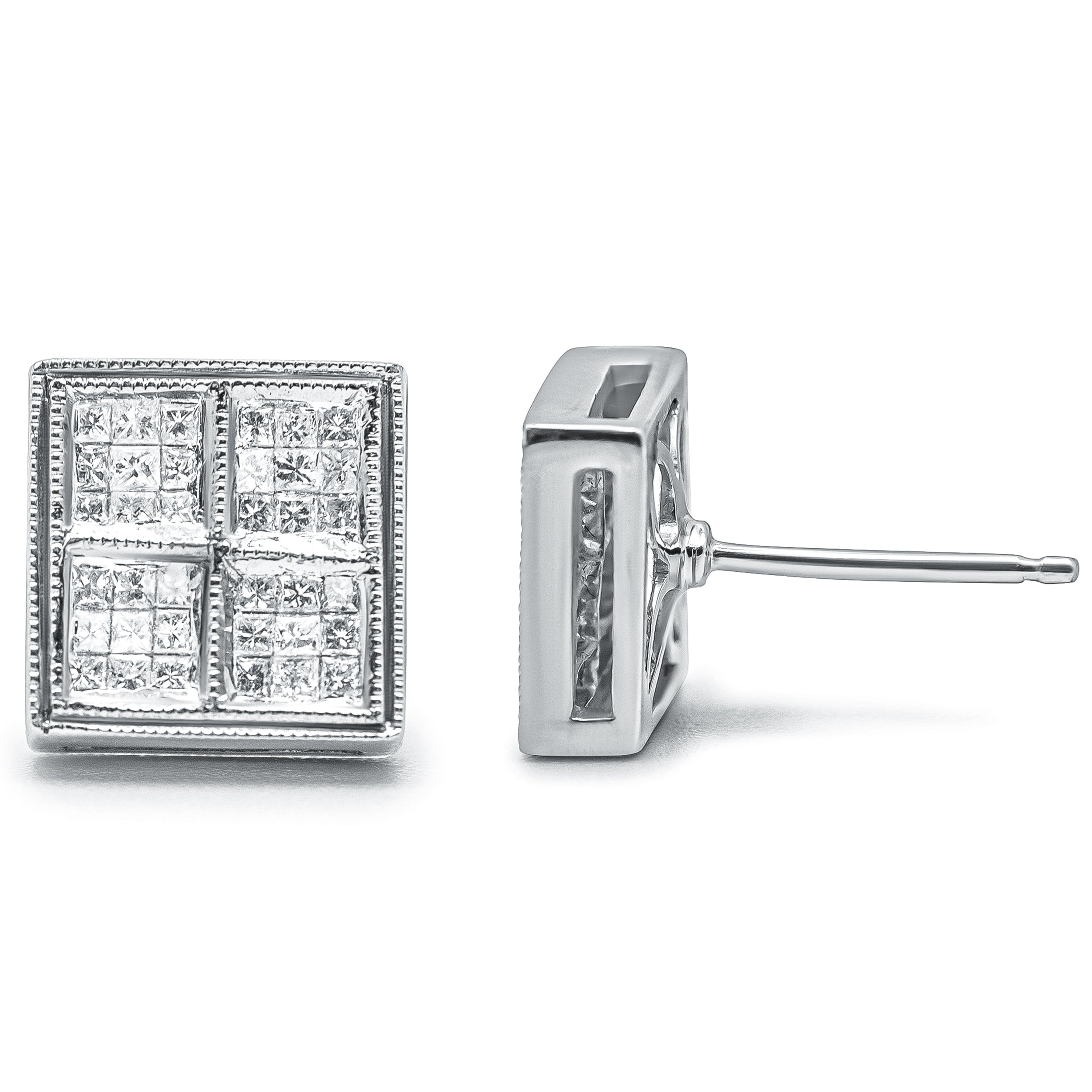 14K White Gold 1/2 Carat Total Weight Princess Diamond Composite Box Shape Milgrain Stud Earrings (H-I Color, SI1-SI2 Clarity)
