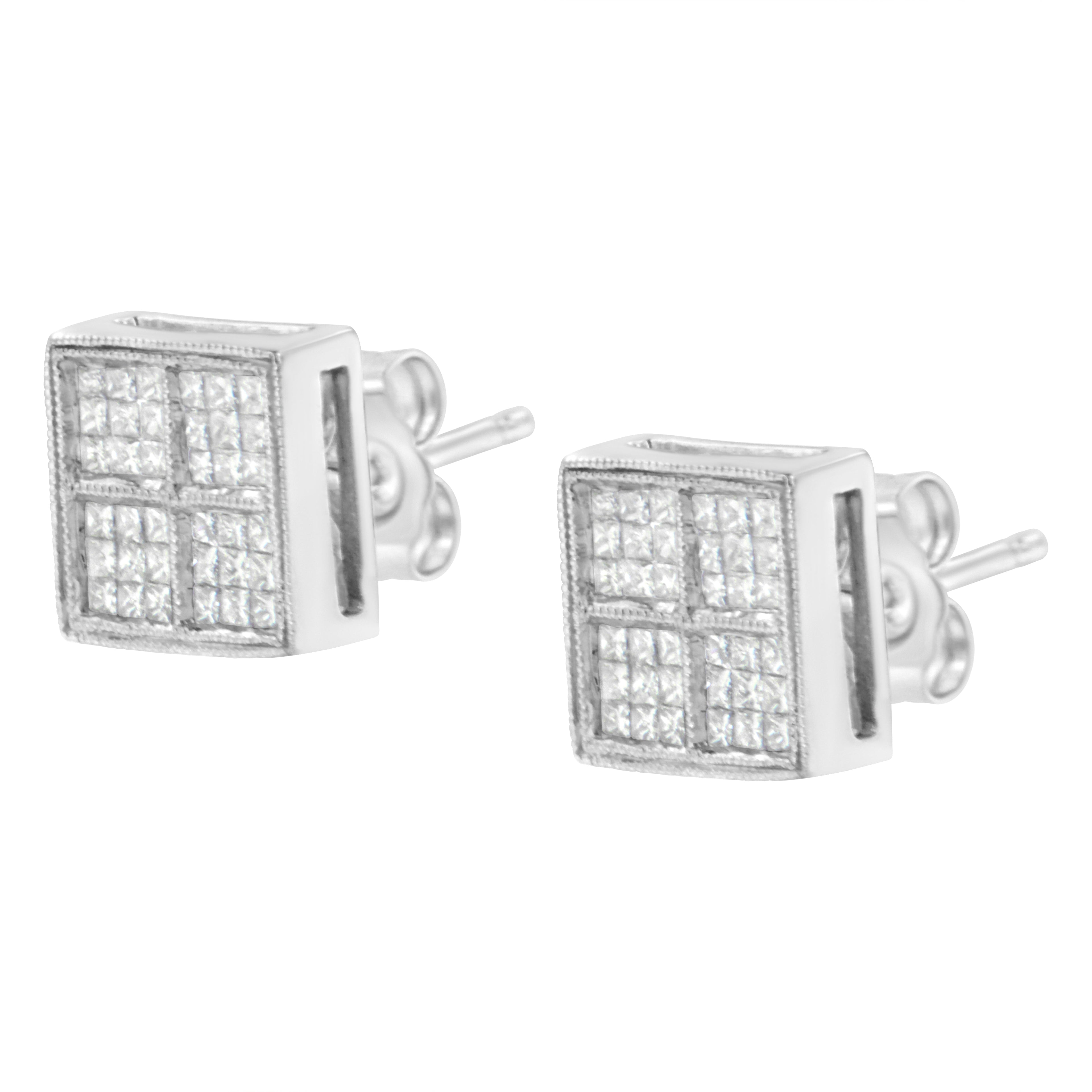 14K White Gold 1/2 Carat Total Weight Princess Diamond Composite Box Shape Milgrain Stud Earrings (H-I Color, SI1-SI2 Clarity)