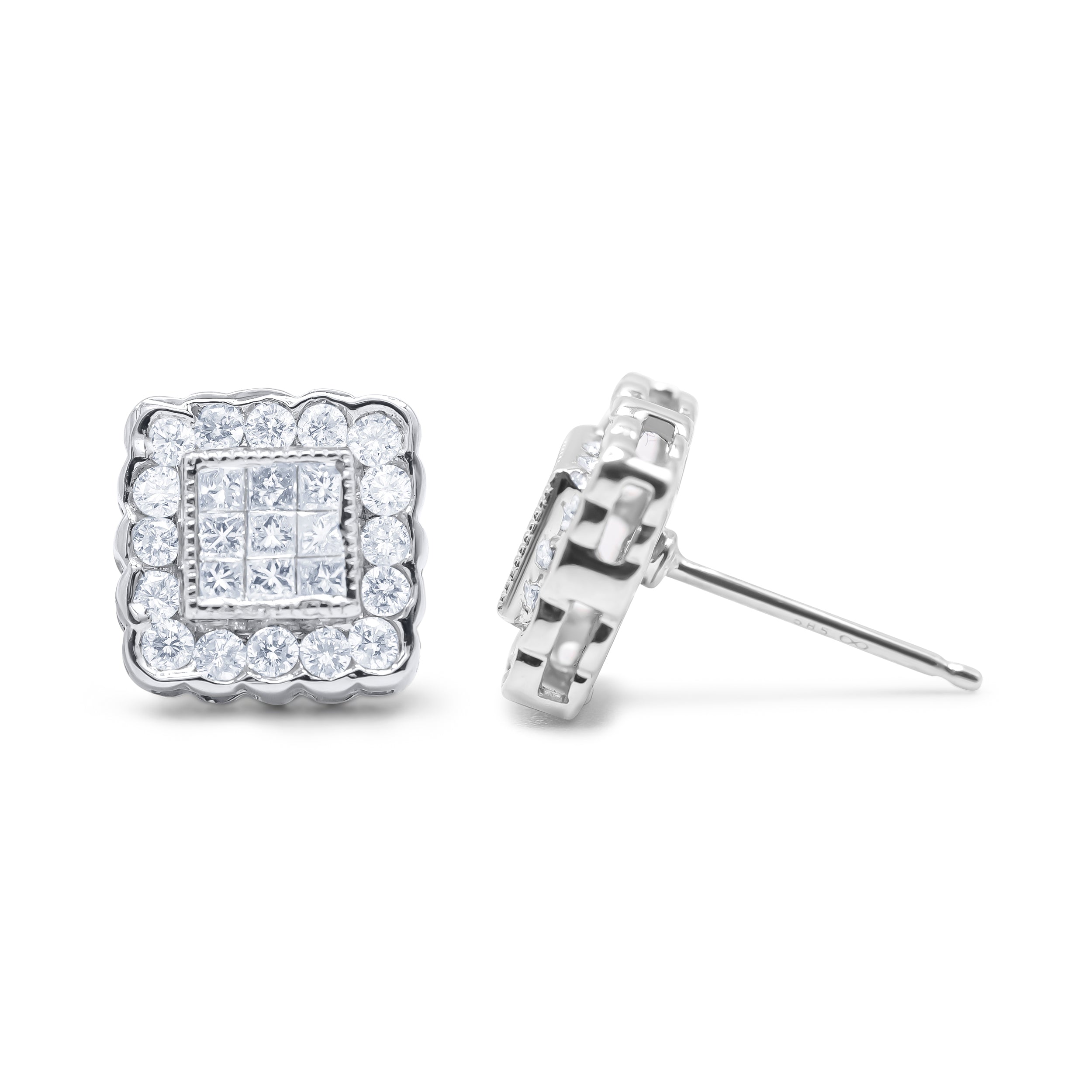 14K White Gold 1.0 Cttw Round Brilliant & Princess Cut Diamond Scallop-Edge Framed Square Halo Stud Earrings (G-H Color, SI1-SI2 Clarity)