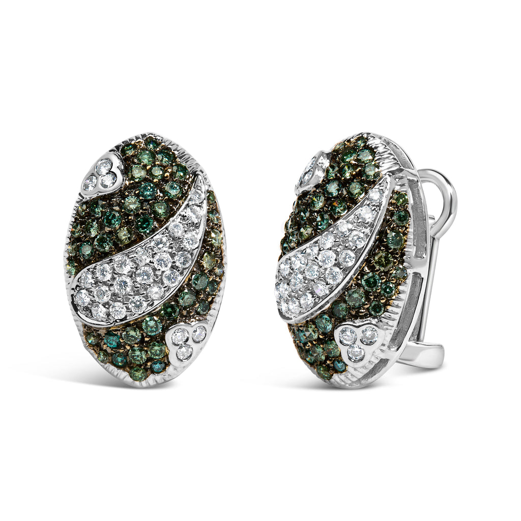 14K White Gold 2.00 Cttw White and Treated Blue Diamond Oval Shield Omega Back Earrings (H-I Color, SI1-SI2 Clarity)