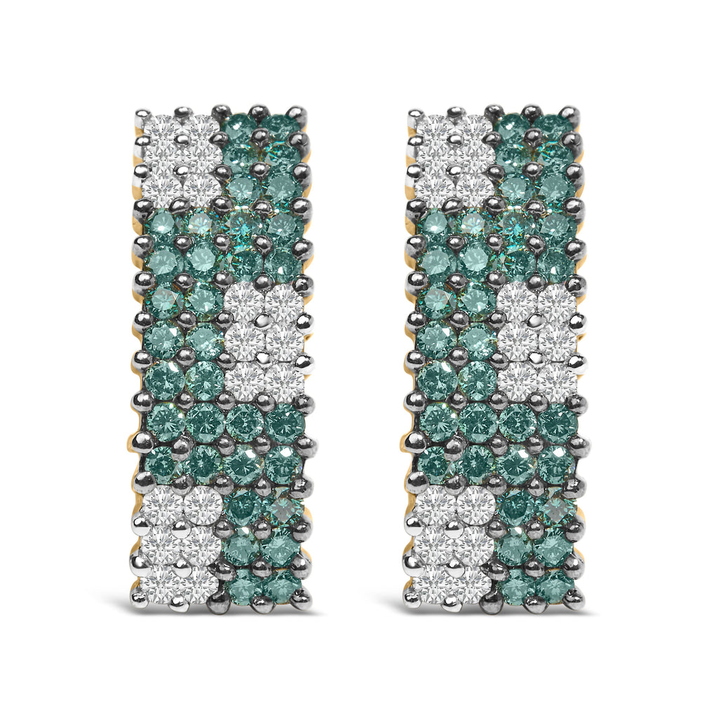 14K Yellow Gold 2.00 Cttw White and Treated Blue Diamond Four-Row Pavé Omegaback Earrings (H-I Color, SI1-SI2 Clarity)