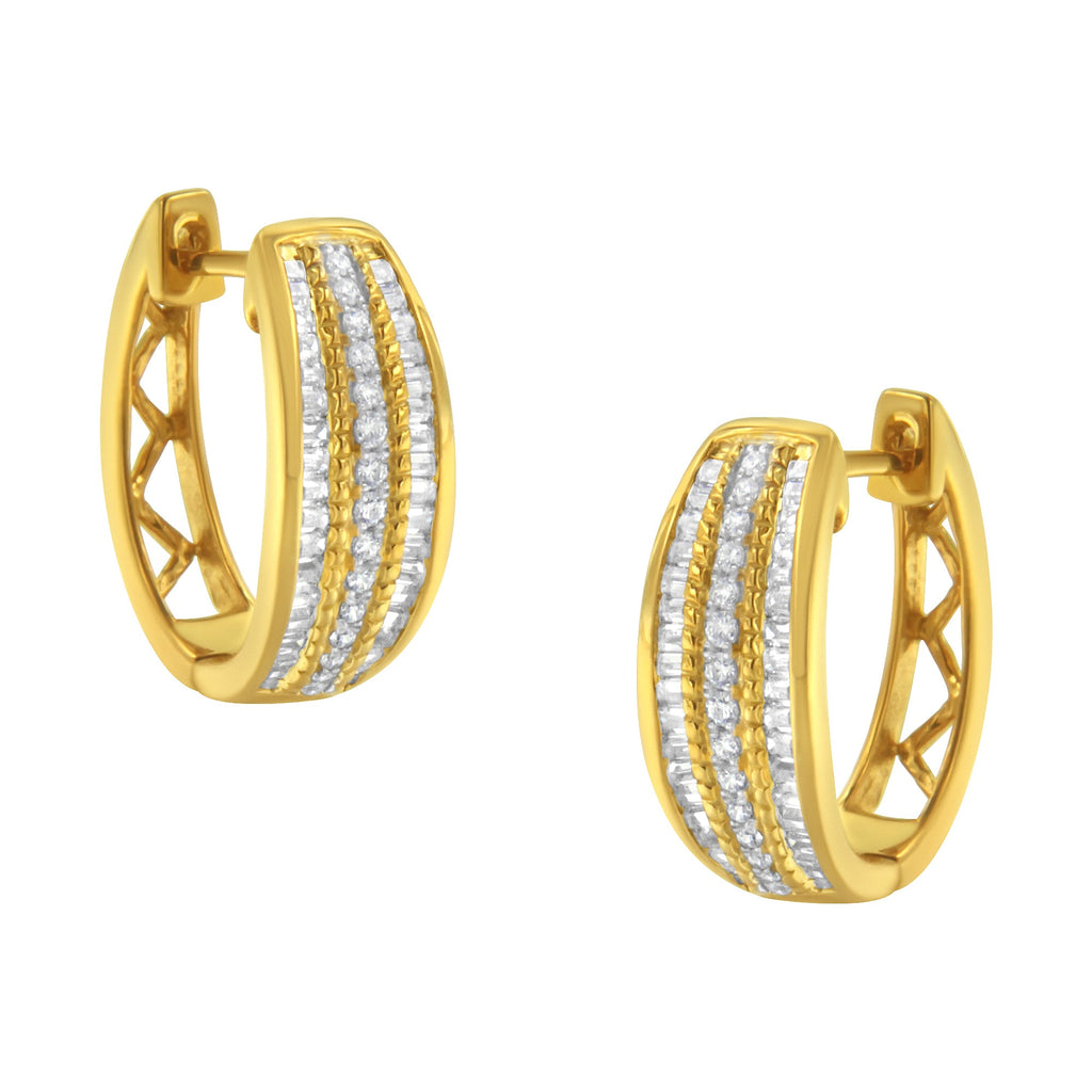 10K Yellow Gold 3/4 Carat Total Weight Pave and Channel Set Diamond Triple Row Modern Hoop Earrings (I-J Color, I2-I3 Clarity)