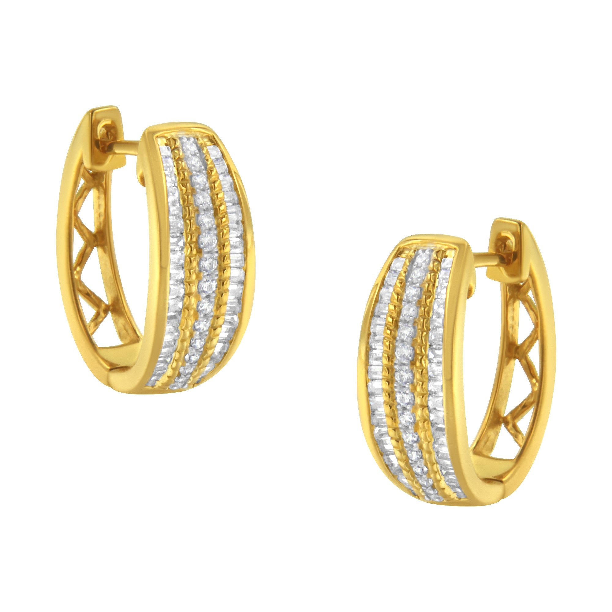 10K Yellow Gold 3/4 Carat Total Weight Pave and Channel Set Diamond Triple Row Modern Hoop Earrings (I-J Color, I2-I3 Clarity)
