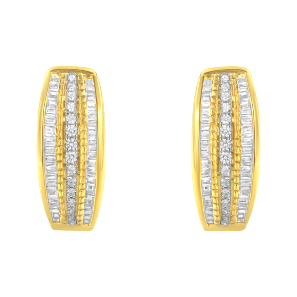10K Yellow Gold 3/4 Carat Total Weight Pave and Channel Set Diamond Triple Row Modern Hoop Earrings (I-J Color, I2-I3 Clarity)
