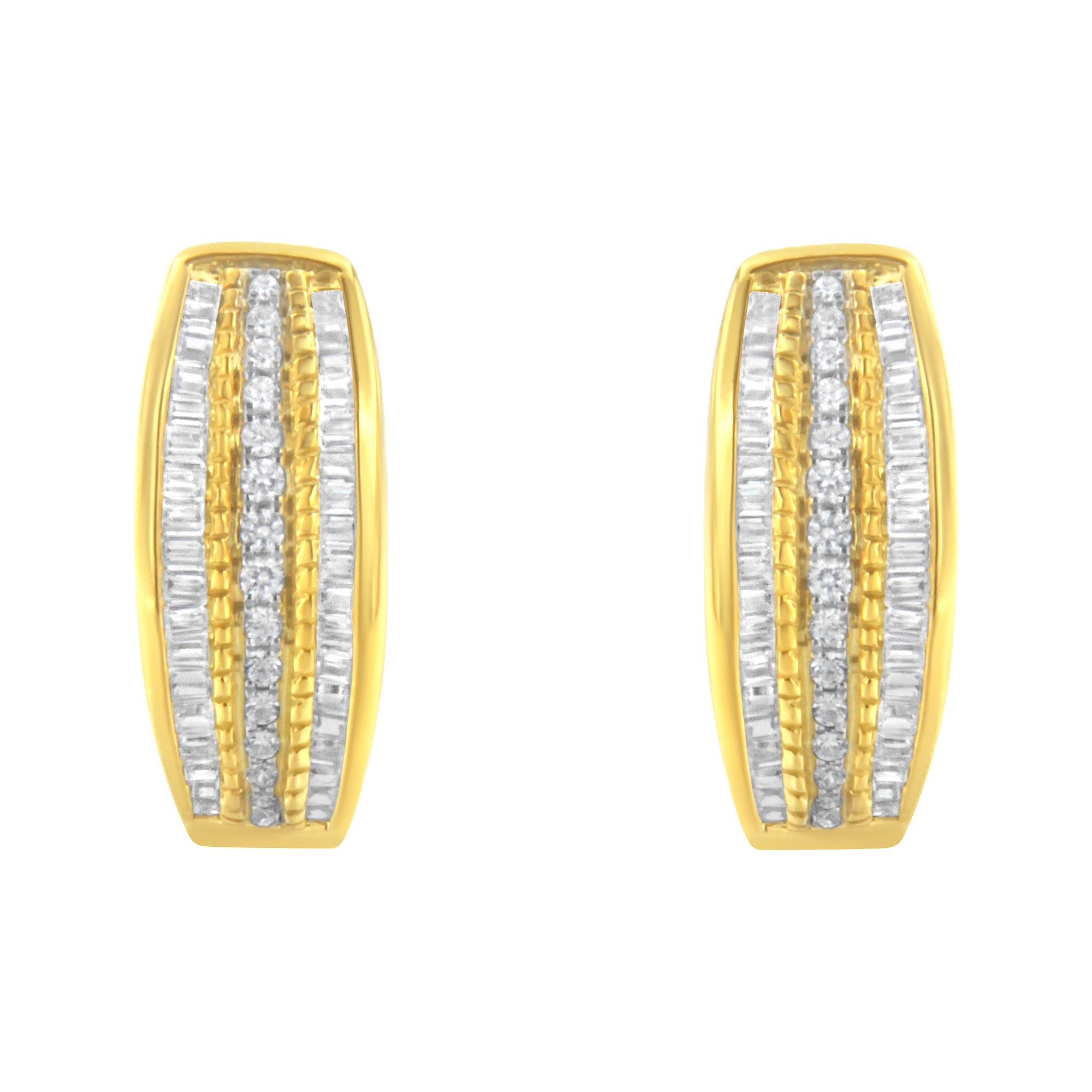 10K Yellow Gold 3/4 Carat Total Weight Pave and Channel Set Diamond Triple Row Modern Hoop Earrings (I-J Color, I2-I3 Clarity)
