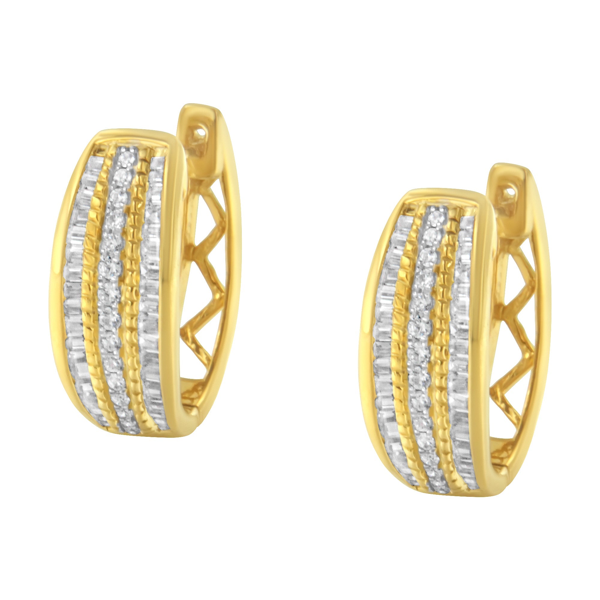 10K Yellow Gold 3/4 Carat Total Weight Pave and Channel Set Diamond Triple Row Modern Hoop Earrings (I-J Color, I2-I3 Clarity)