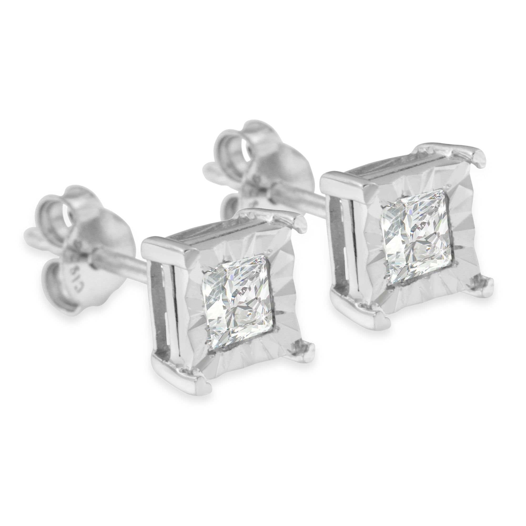 .925 Sterling Silver 1/2 Carat Total Weight Miracle Set Princess-cut Diamond Solitaire Stud Earrings (H-I Color, SI2-I1 Clarity)