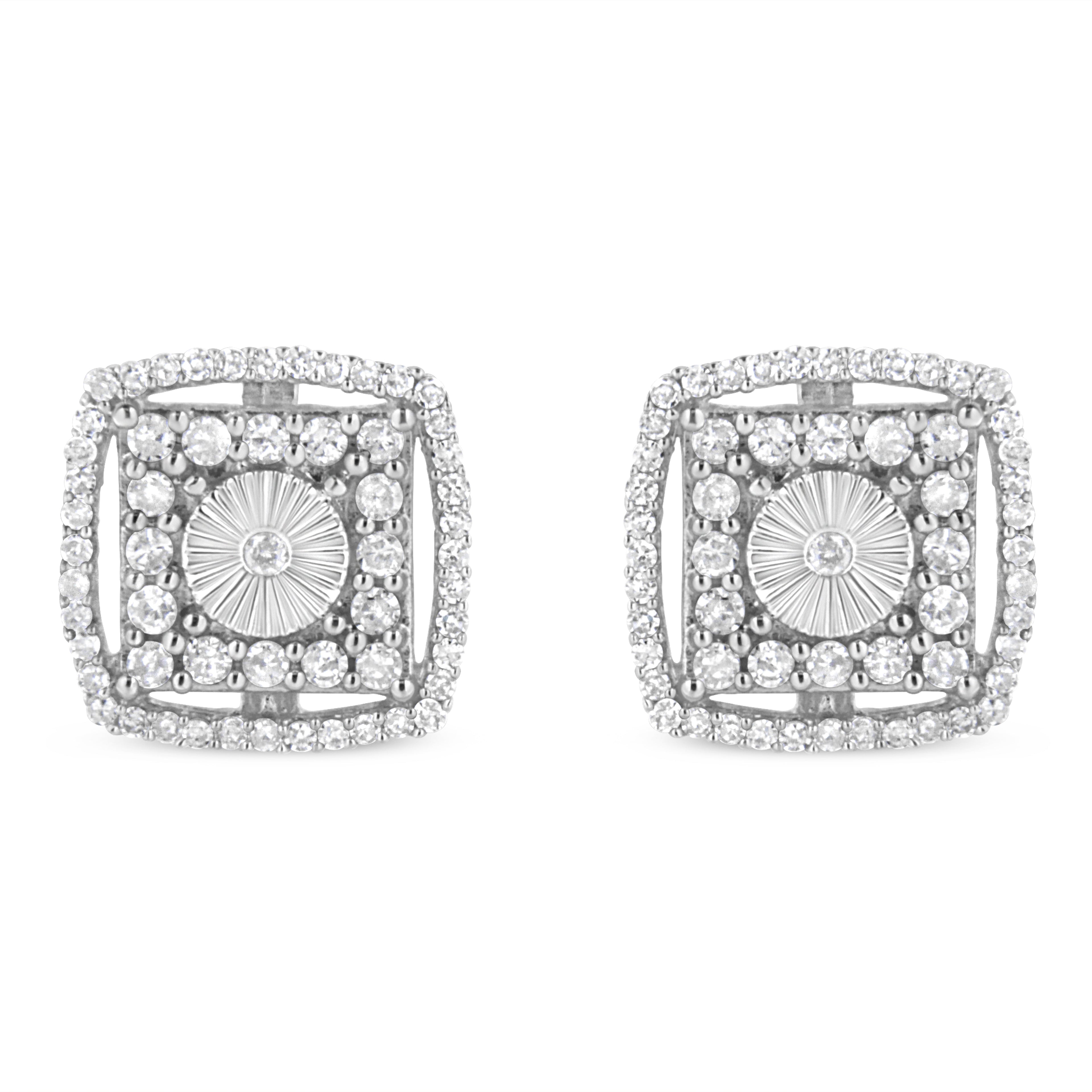 .925 Sterling Silver 1.0 Cttw Round Diamond Double Halo and Disc Stud Earring (I-J Color, I2-I3 Clarity)
