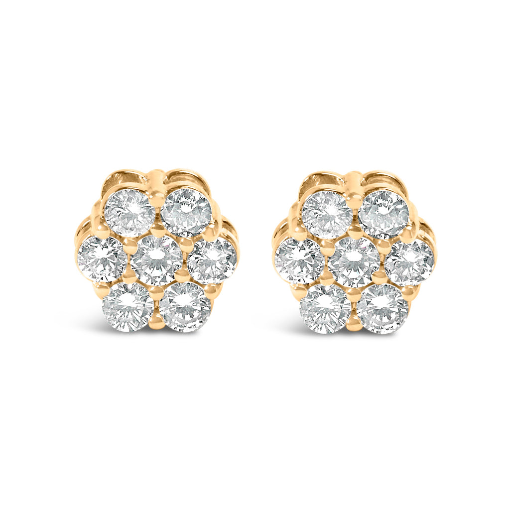 14K Yellow Gold 3/4 Carat Total Weight 7 Stone Floral Cluster Round Brilliant Cut Diamond Stud Earrings with Screw Backs (I-J Color, SI2-I1 Clarity)
