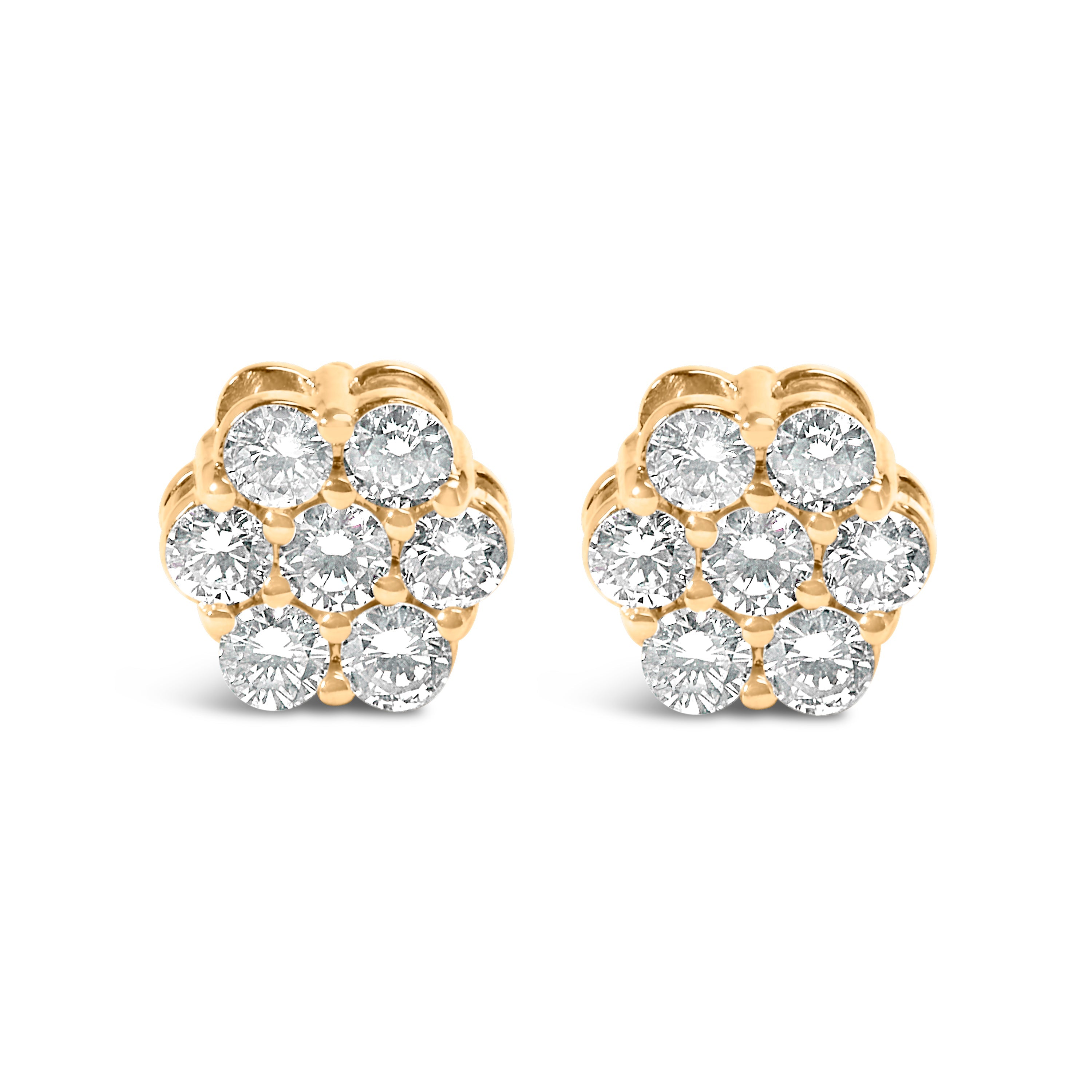 14K Yellow Gold 3/4 Carat Total Weight 7 Stone Floral Cluster Round Brilliant Cut Diamond Stud Earrings with Screw Backs (I-J Color, SI2-I1 Clarity)