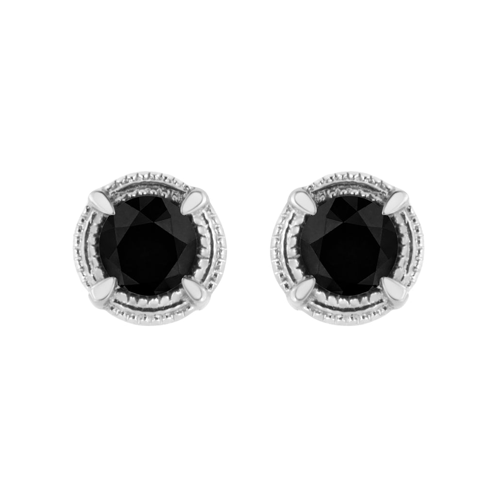 .925 Sterling Silver 1 cttw Treated Black Diamond Modern 4-Prong Solitaire Milgrain Stud Earrings (Black Color, I1-I2 Clarity)