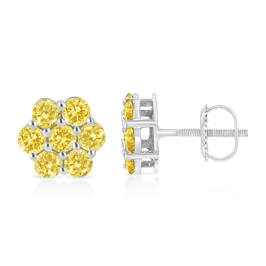 .925 Sterling Silver 1/4 Carat Total Weight Treated Yellow Diamond Floral Stud Earrings (Yellow Color, I1-I2 Clarity)