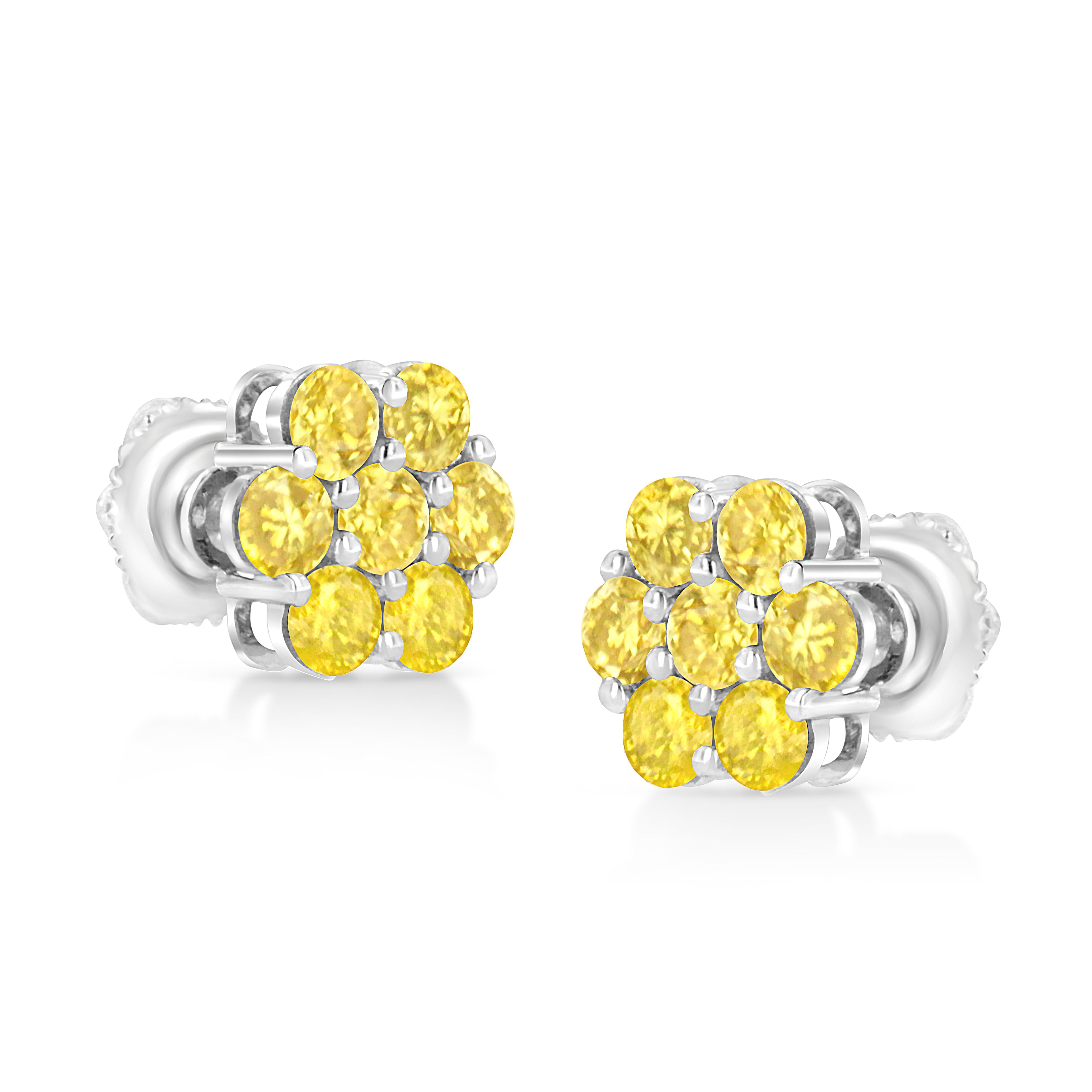 .925 Sterling Silver 1/4 Carat Total Weight Treated Yellow Diamond Floral Stud Earrings (Yellow Color, I1-I2 Clarity)