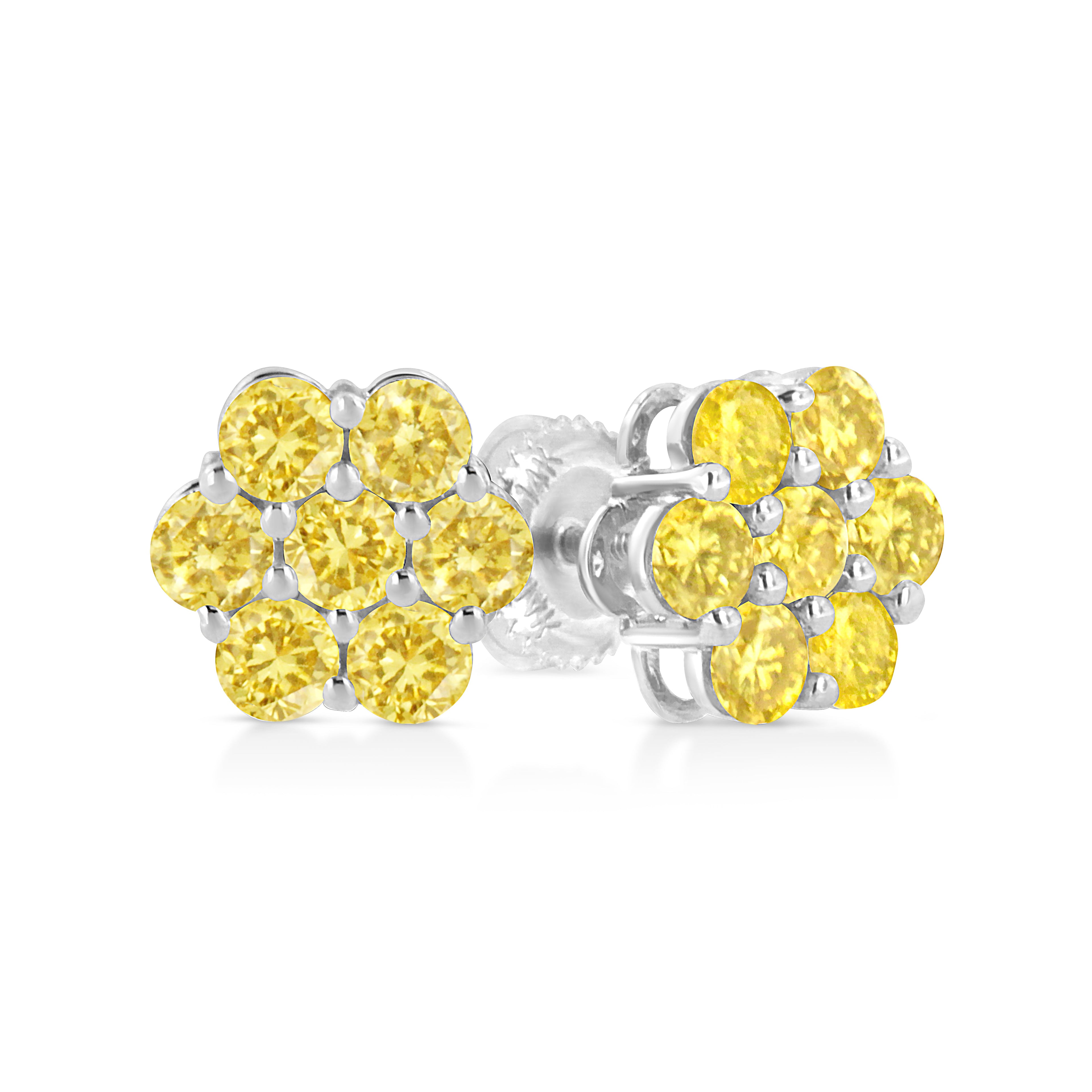 .925 Sterling Silver 1/4 Carat Total Weight Treated Yellow Diamond Floral Stud Earrings (Yellow Color, I1-I2 Clarity)