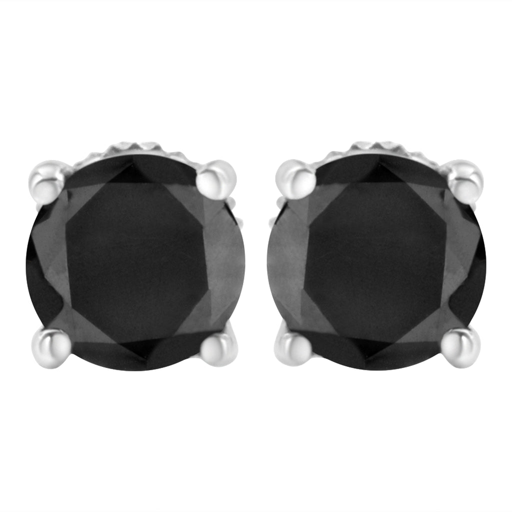 14K White Gold 2.00 Cttw Round Brilliant-Cut Black Diamond Classic 4-Prong Stud Earrings with Screw Backs (Fancy Color-Enhanced, I2-I3 Clarity)