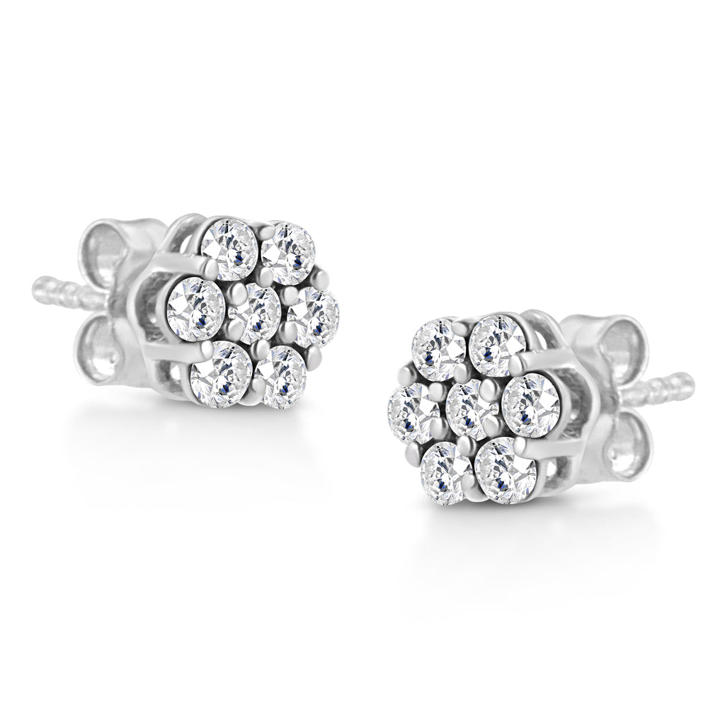 14K White Gold 1/2 Cttw Prong Set Round-Cut Diamond Flower Stud Earrings (H-I Color, I1-I2 Clarity)