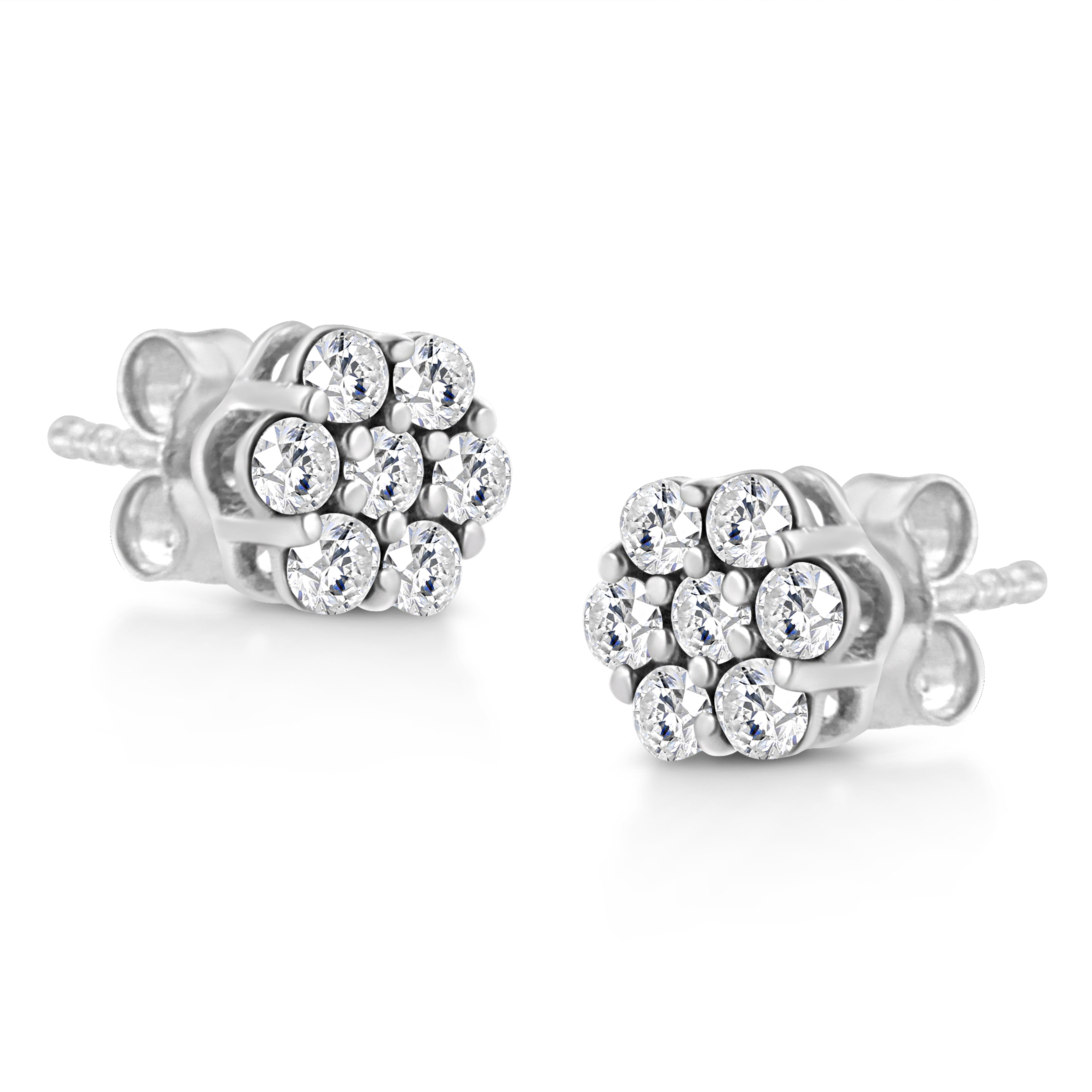 14K White Gold 1/2 Cttw Prong Set Round-Cut Diamond Flower Stud Earrings (H-I Color, I1-I2 Clarity)
