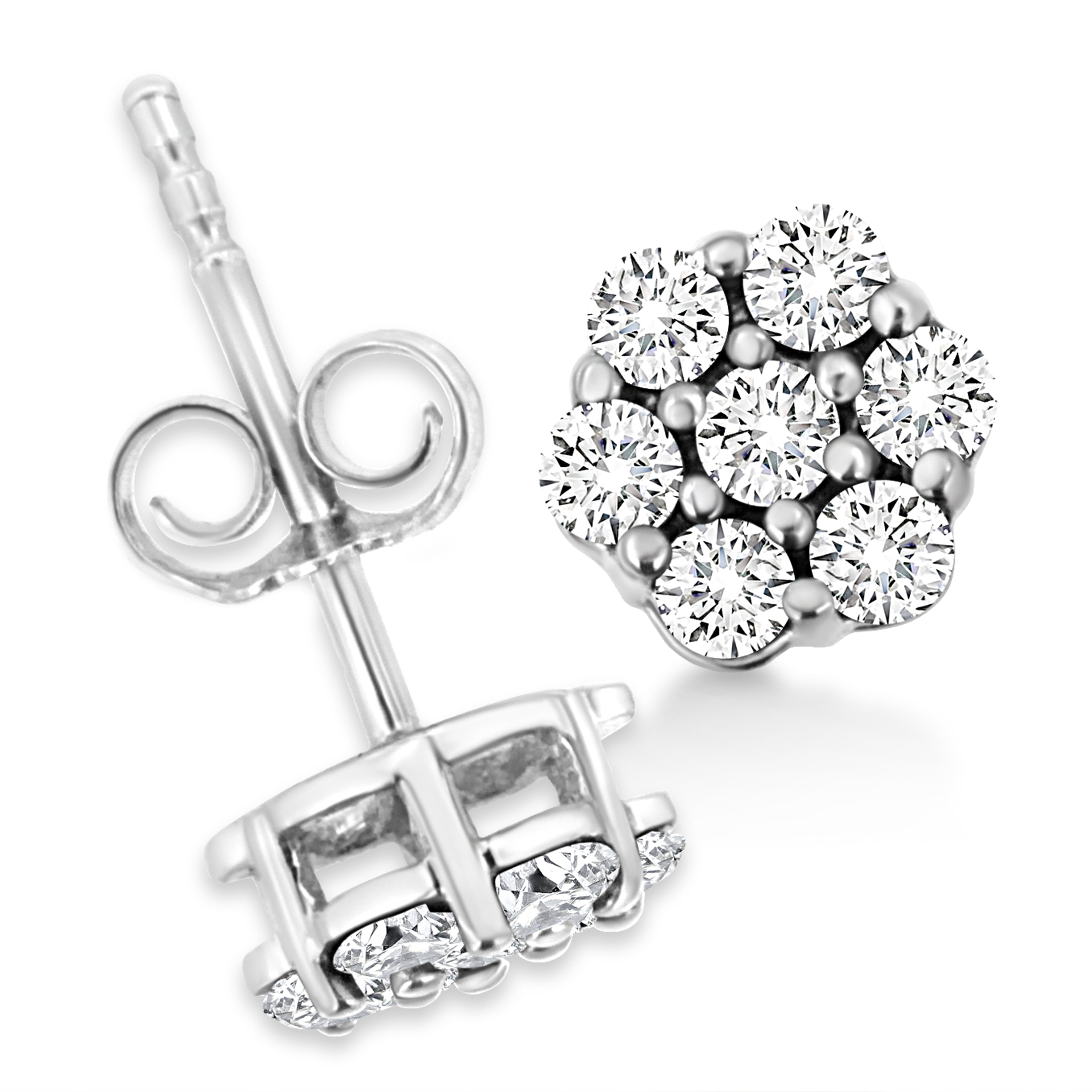 14K White Gold 1/2 Cttw Prong Set Round-Cut Diamond Flower Stud Earrings (H-I Color, I1-I2 Clarity)